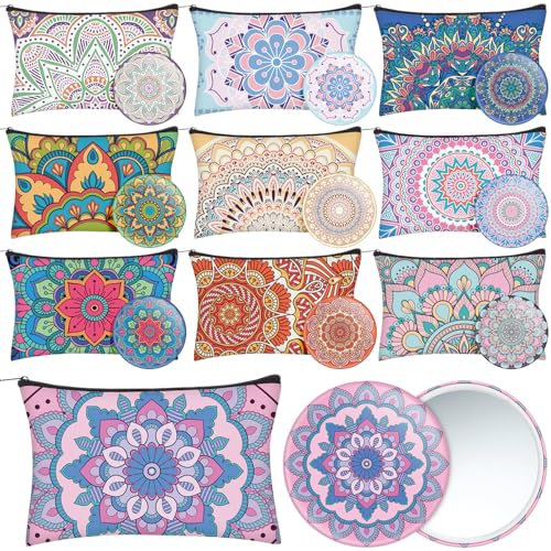 Sadnyy Mandala Gift Set 20 Pcs - Geometric Canvas Makeup Bags & Compact Mirrors for Women, Birthday & Wedding Gifts