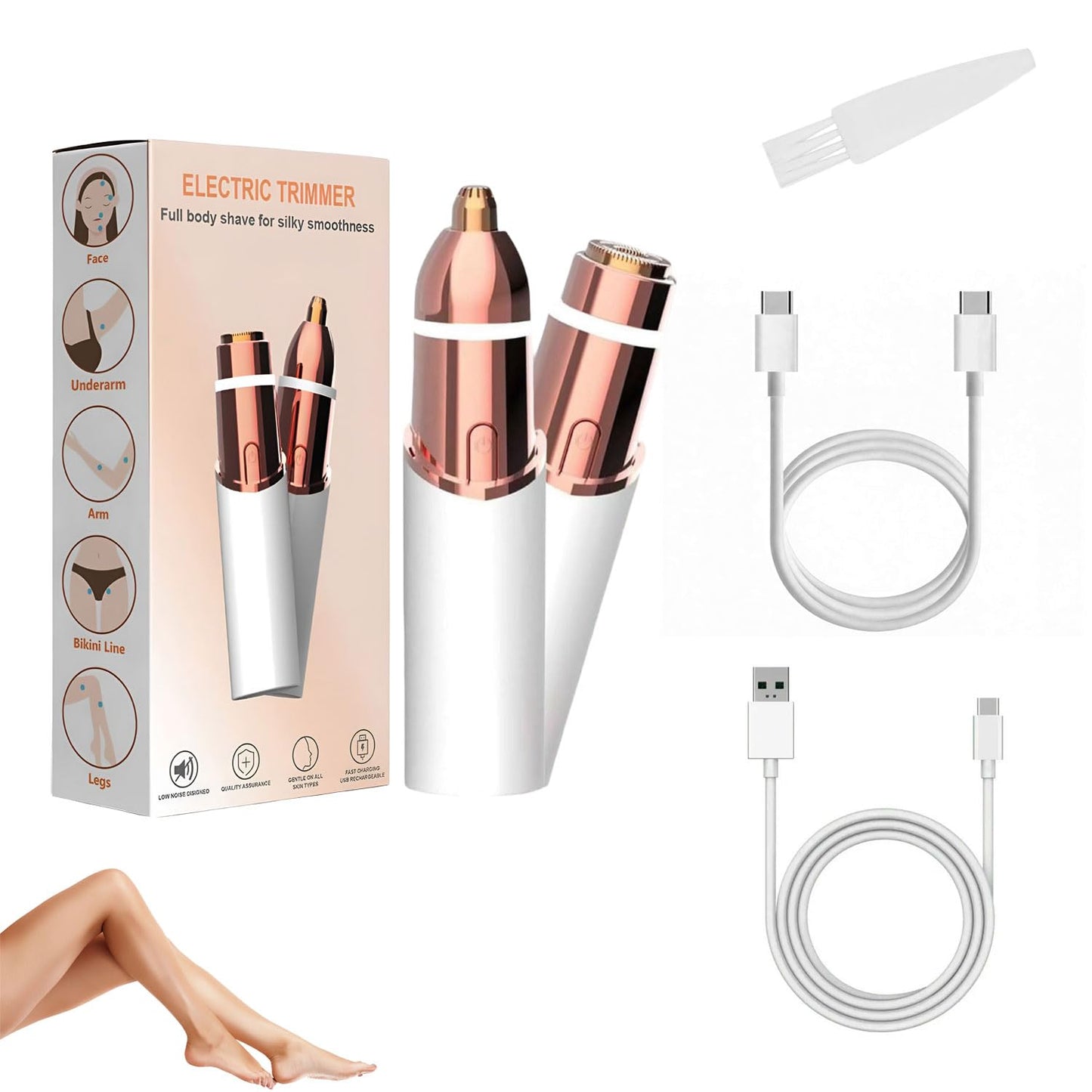 Infinity Choices Eyebrow & Facial Trimmer: 2 in1 Rechargeable Facial Hair Removal & Eyebrow Shaver - Body Razor with Built-in LED Light (White)