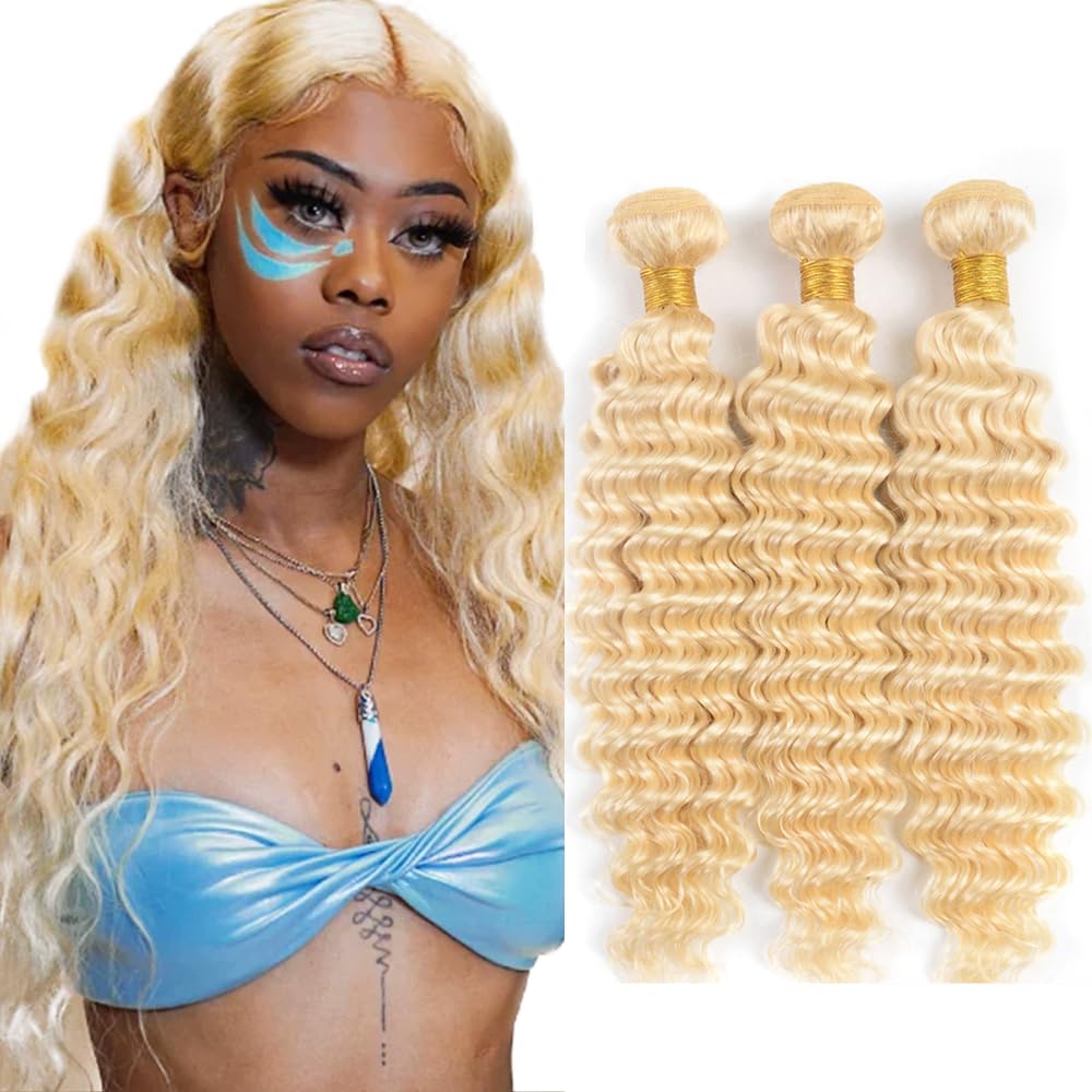 #613 Blonde Bundles Human Hair Honey Blonde Deep Wave Bundles 12 14 16 Inch Unprocessed Brazilian Virgin Hair 3 Bundle 50 Gram Per Bundle Deals Quick Weave Hair Extensions