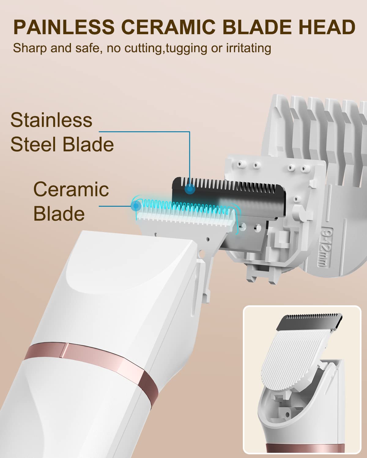 Bikini Trimmer for Women,Electric Razors Shaver for Bikini Legs Pubic Hair,Rechargeable Ladies Bikini Hair Trimmer Removal with Snap-in Ceramic Blades,White