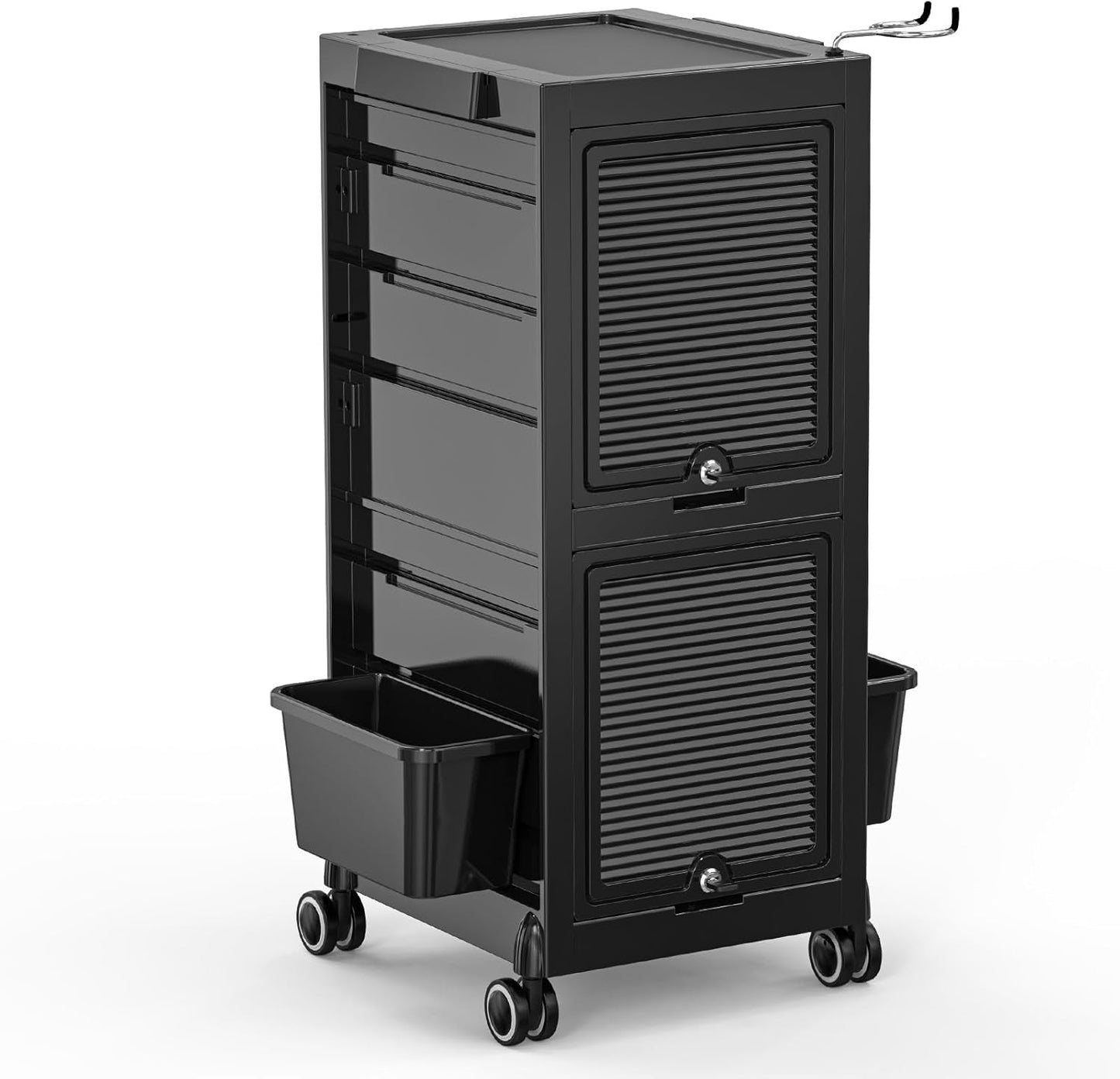 OmySalon Salon Trolley Cart - Rolling Hair Stylist Station with 2 Lockable Doors | Organizer with Drawers & Dryer Holder
