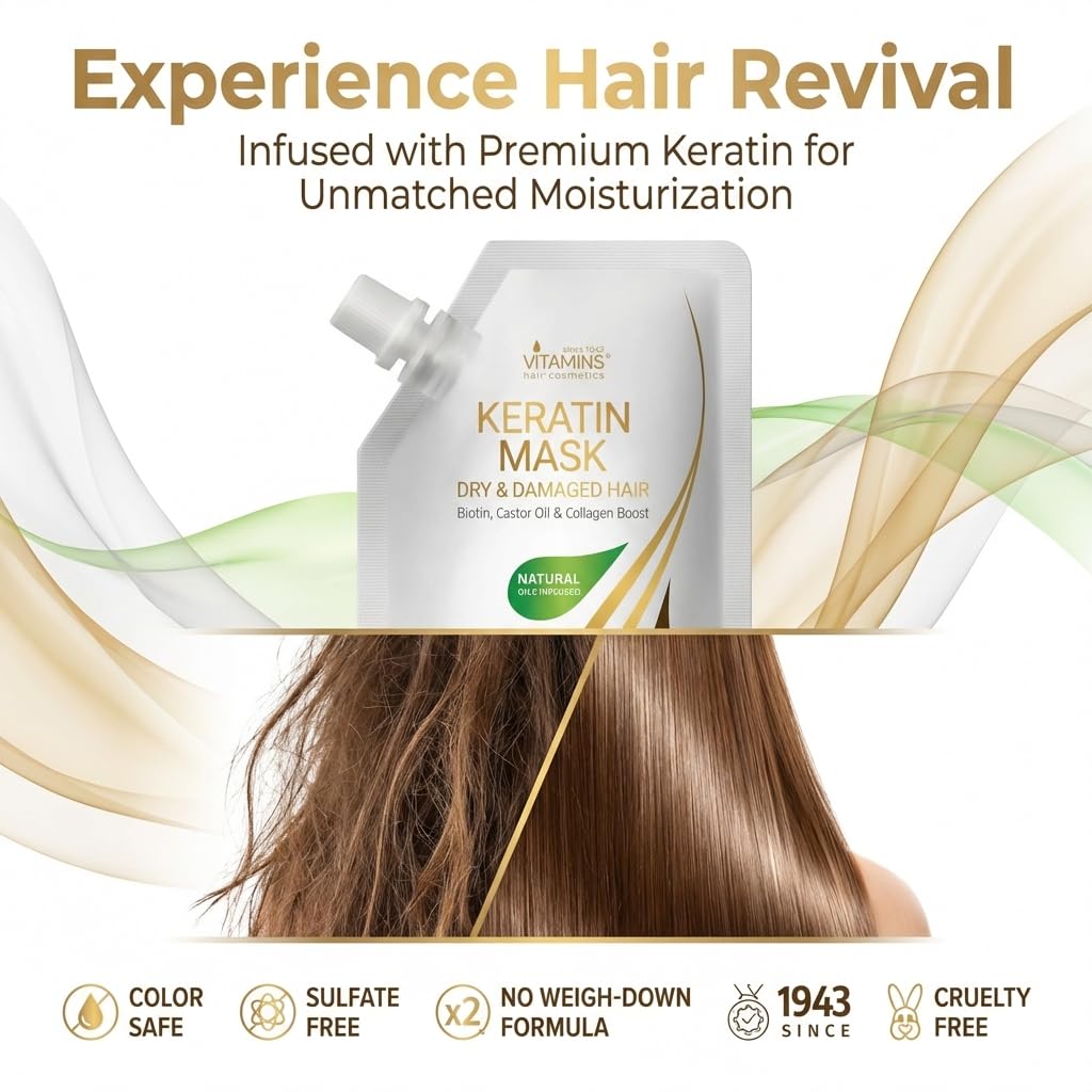 VITAMINS hair cosmetics Keratin Hair Mask - Protein Repair Keratin Treatment - Deep Conditioner for Dry, Damaged, Curly, Straight & Frizzy Hair with Biotin, Collagen & Castor Oil - 3.4 Fl Oz