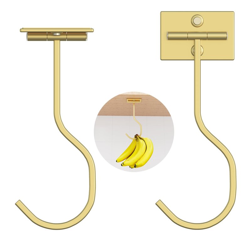 bussdis Adhesive Banana Hook Under Cabinet: 2-Pack Foldable Metal Banana Hanger, Space-Saving Under Counter Banana Holder for Kitchen & RV, Gold