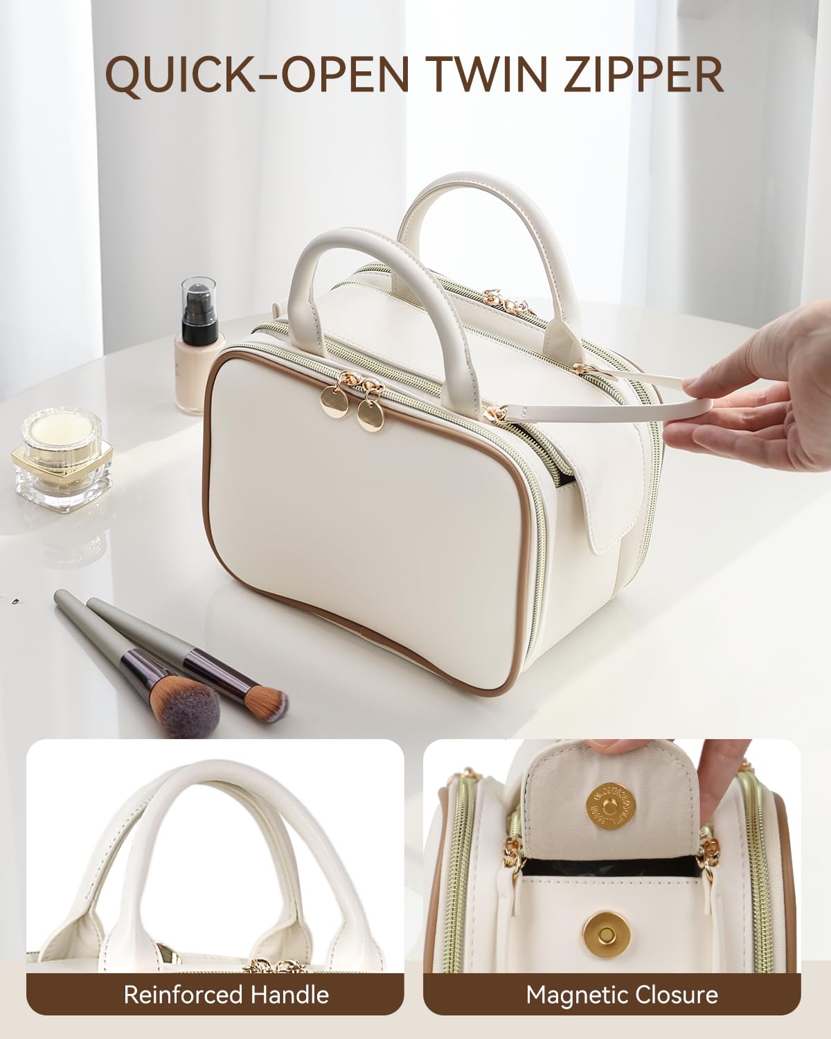 Prite Makeup Bag for Women, Large Capacity Waterproof Travel Cosmetic Organizer, Portable Open Flat Toiletry Bag with Free-standing Brush Holder and Handle(Beige Medium)