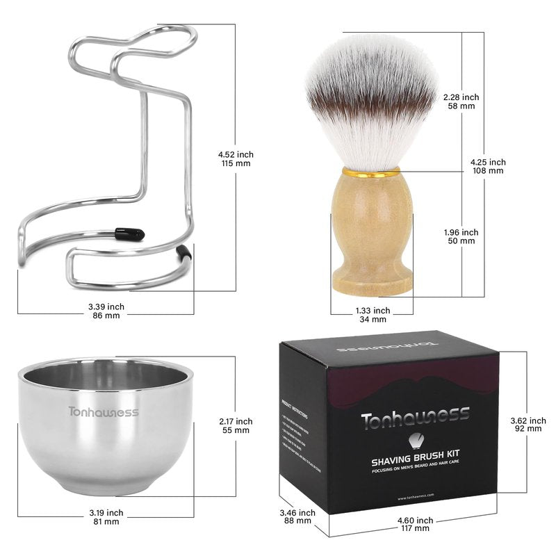 Shaving Brush Set for Men, 3 in1 Shaving Kit Includes Nylon Badger Hair Shaving Brush, Stainless Steel Shaving Bowl and Stand for Wet Shave