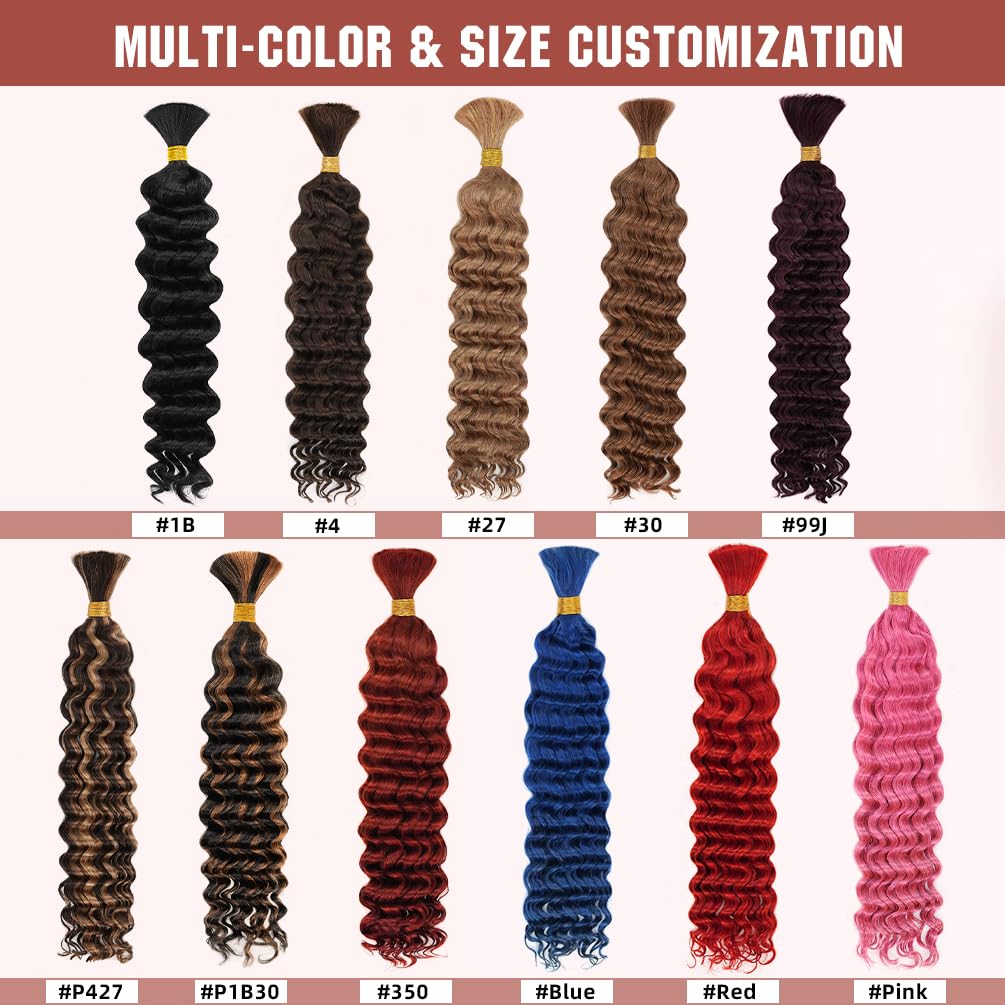 Deep Wave Human Braiding Hair for Boho Braids - 20 Inch 100G 2 Bundle/Pack Pink, 100% Unprocessed 12A Brazilian Virgin Human Hair Bulk, No Weft, Wet and Wavy Human Braiding Hair for Knotless Braids