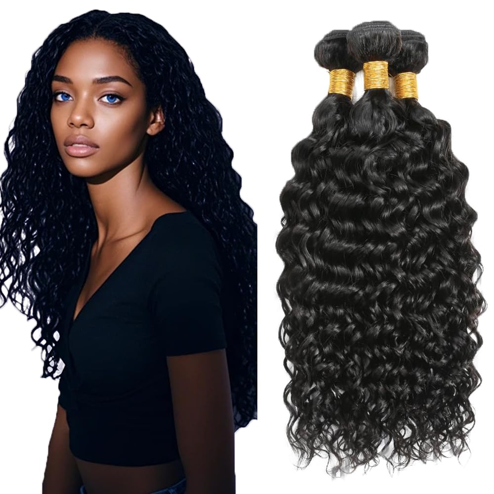 Human Hair Bundles #1B Natural Color Water Wave Bundles 16 18 20 Inch Unprocessed Brazilian Virgin Hair 3 Bundle 50 Gram Per Bundle Deals Quick Weave Hair Extensions