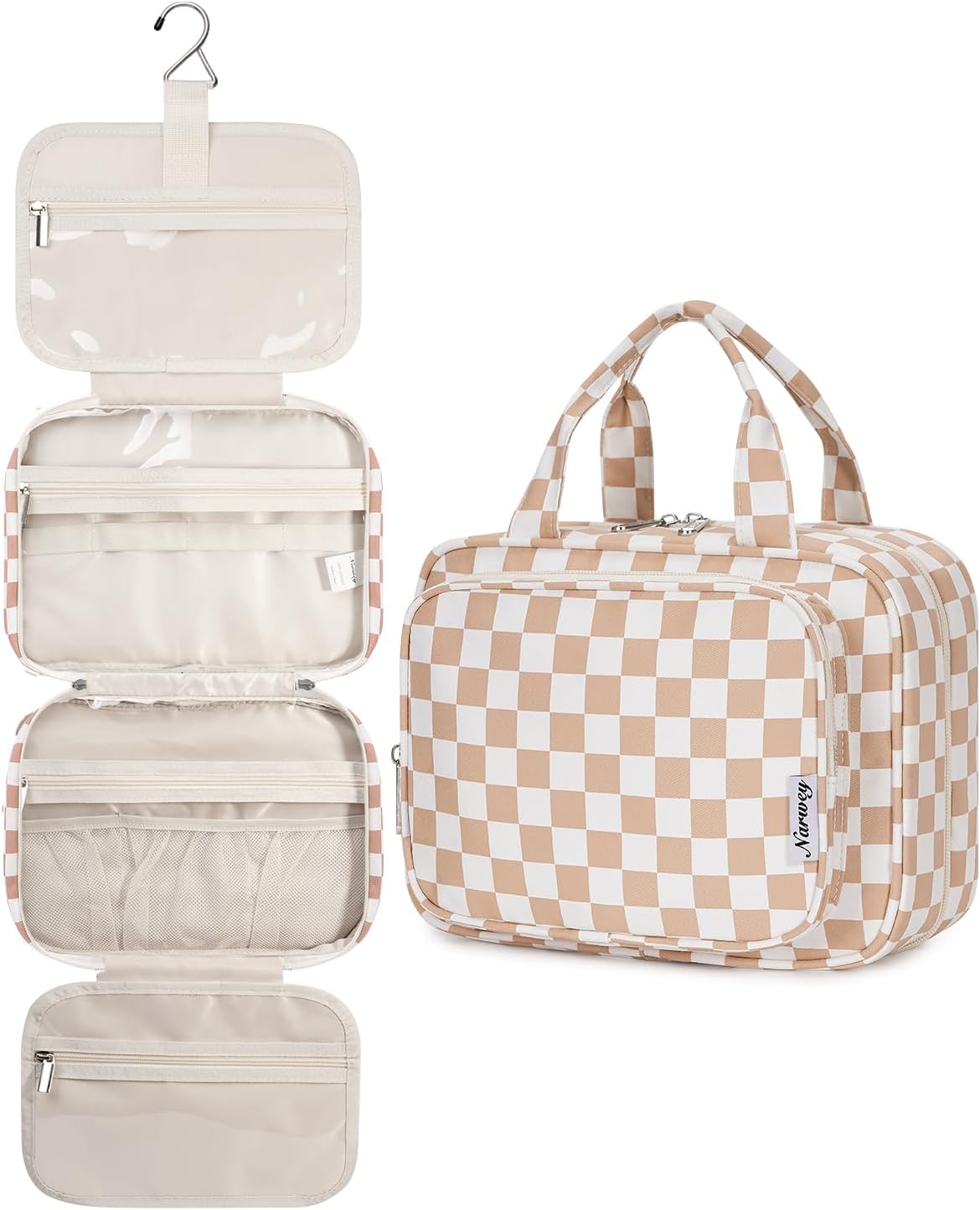 Hanging Toiletry Bag for Women - Travel Makeup Organizer with Light Checkerboard Design | Medium Size
