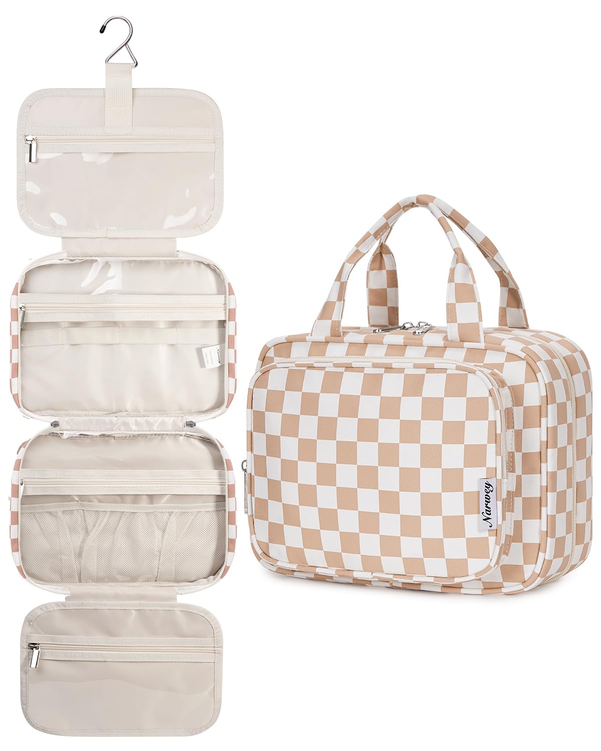 Narwey Hanging Toiletry Bag for Women Travel Makeup Bag Organizer Toiletries Bag for Travel Size Essentials Accessories Cosmetics (Light Checkerboard (Medium))