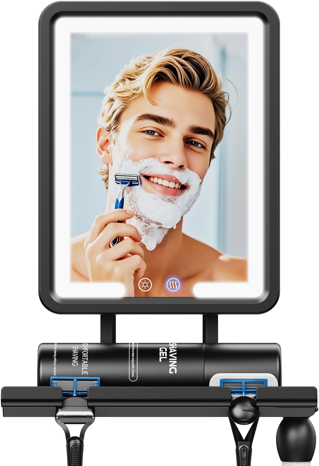 Heated Shower Mirror Fogless - Anti-Fog Shaving Mirror with Dimmable Lights | No-Drilling, Removable, Black