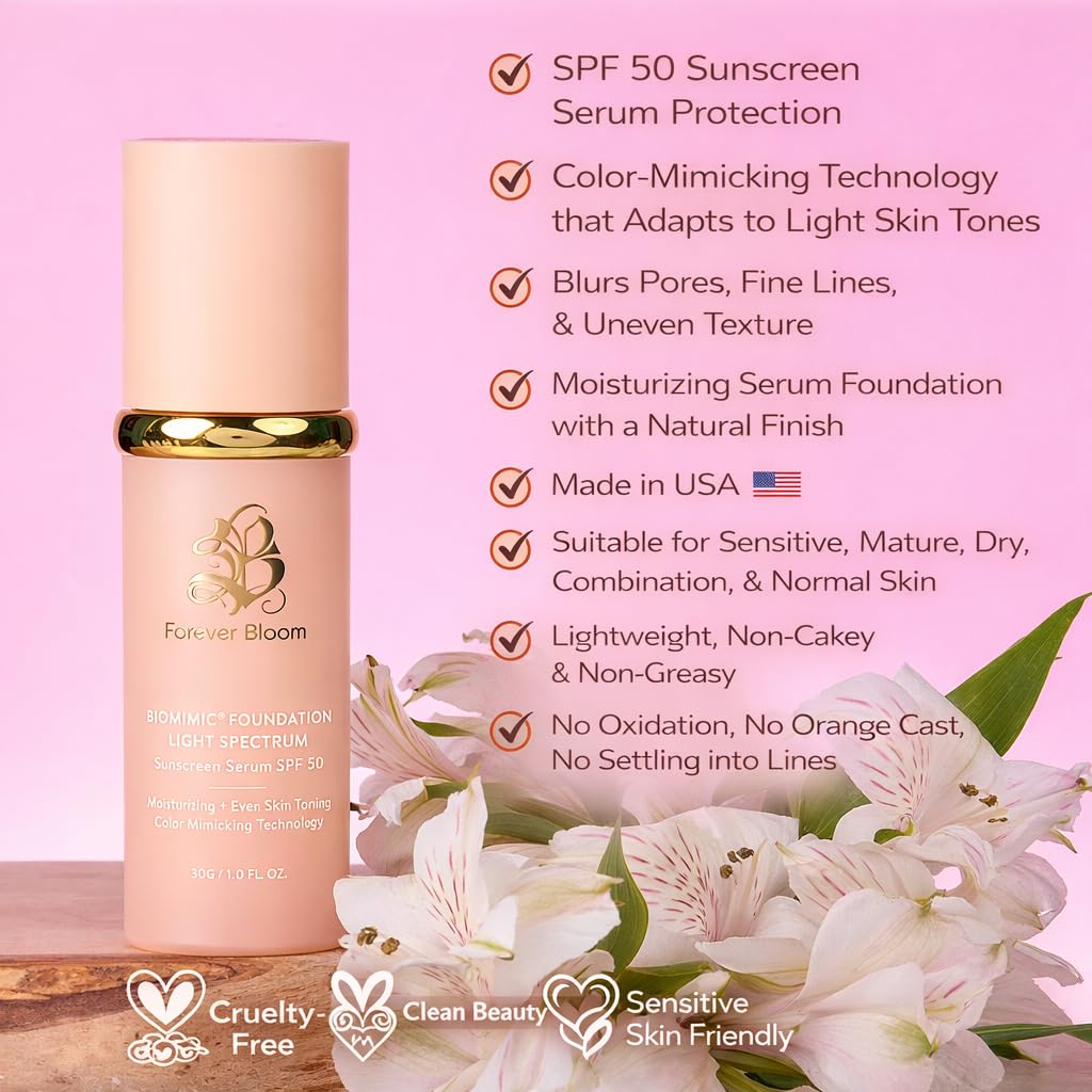 Bio Mimic Foundation - Lightweight SPF 50 Hydrating Makeup for Mature Sensitive Skin | Evens Tone & Conceals