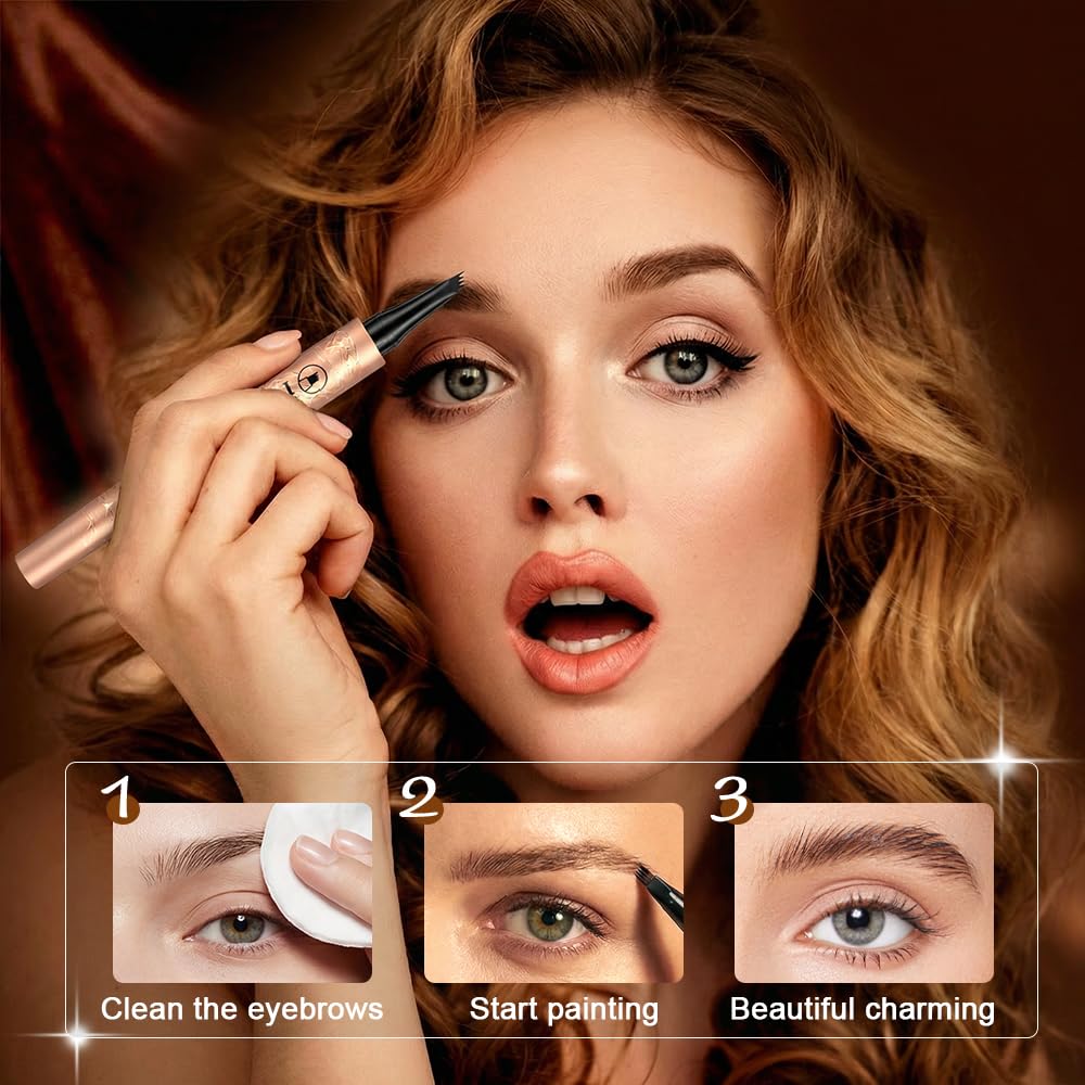 Microblading Eyebrow Pencil - 4-Prong Micro-Fork Tip for Precise Application | 3D Waterproof & Long-Lasting, Light Brown