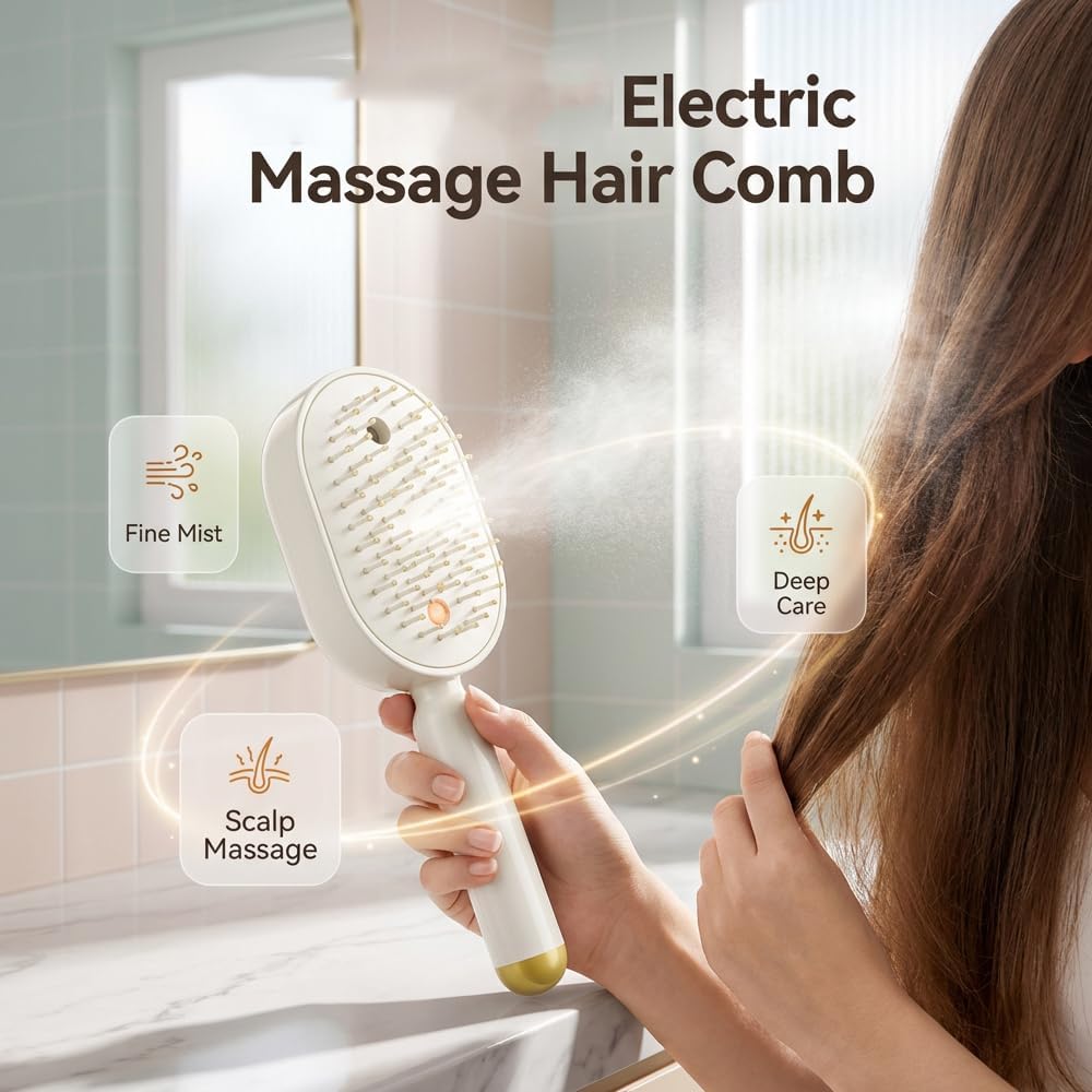 2026 New Electric Steam Brush for Hair, Upgrade Rechargeable 3 in 1 Self Cleaning Hair Brush with Water Spray, Electric Spray Air Cushion Massage Comb for Long Short Hairs Frizz Control (Pink)