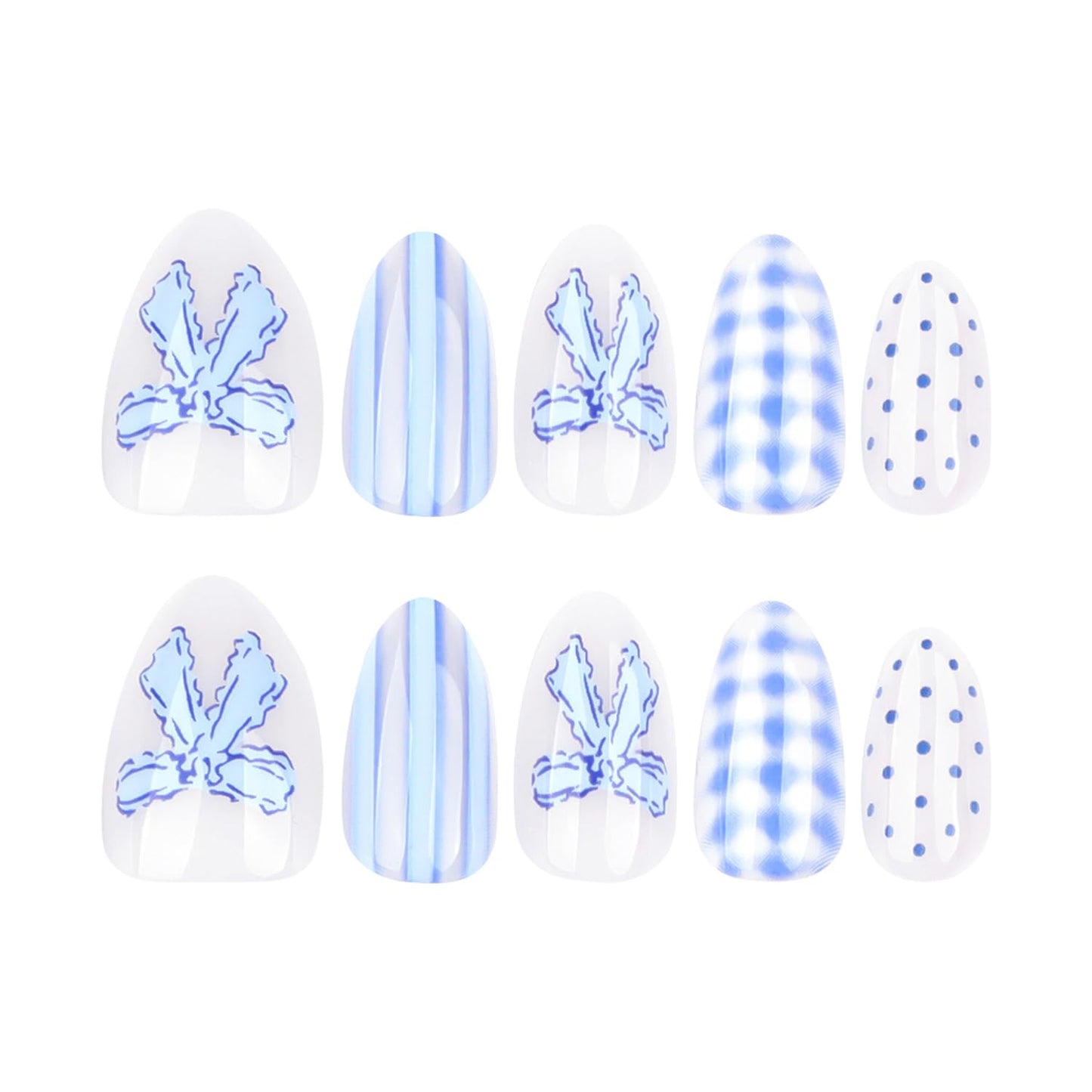 Polka Dot Press-On Nails - Short Almond Acrylic Design with Bow & Plaid Stripes | Blue Summer Reusable Full Cover