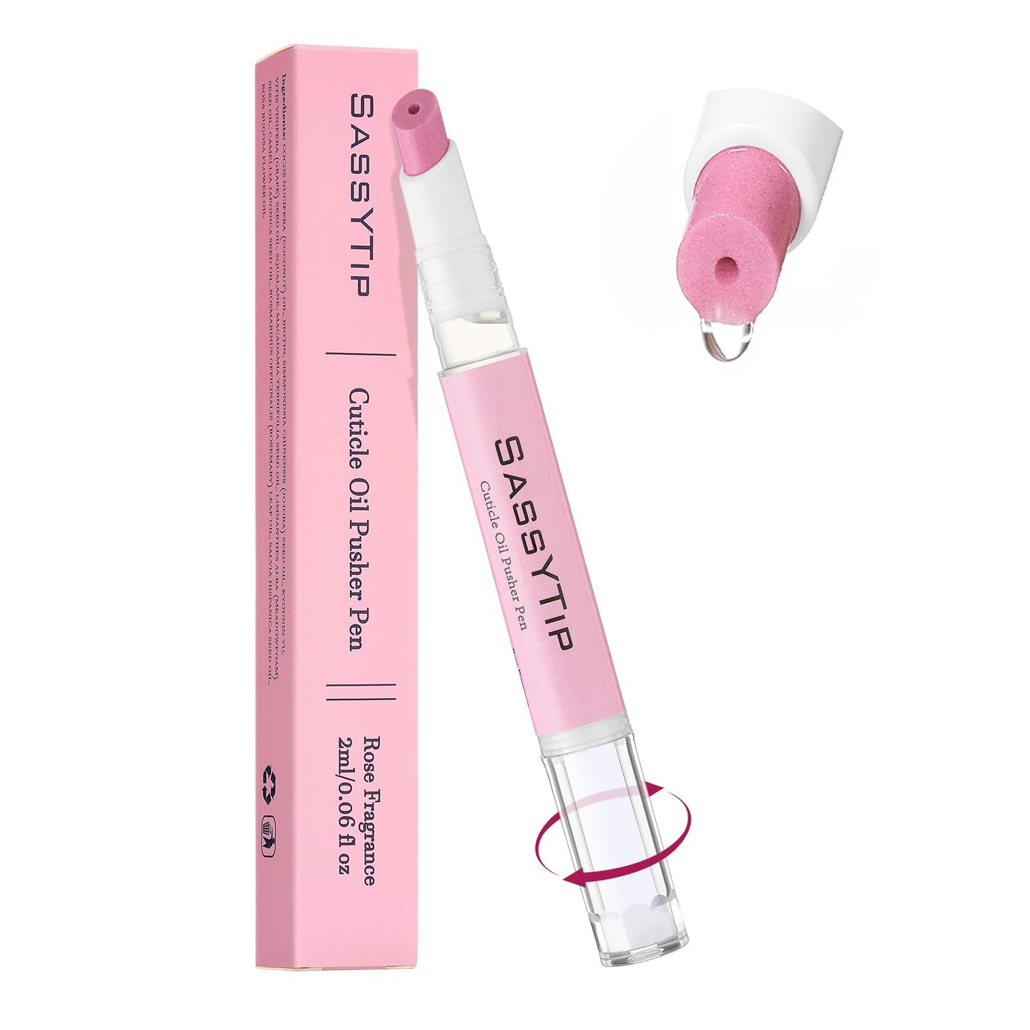 SASSYTIP Cuticle Oil Pusher Pen 2-in-1 Clean & Moisturize | Removes Dead Skin & Dirt from Nail Edges | Nourishing Jojoba & Almond Oils | At-Home or On-the-Go Manicure for Women & Men | Rose | 2ml