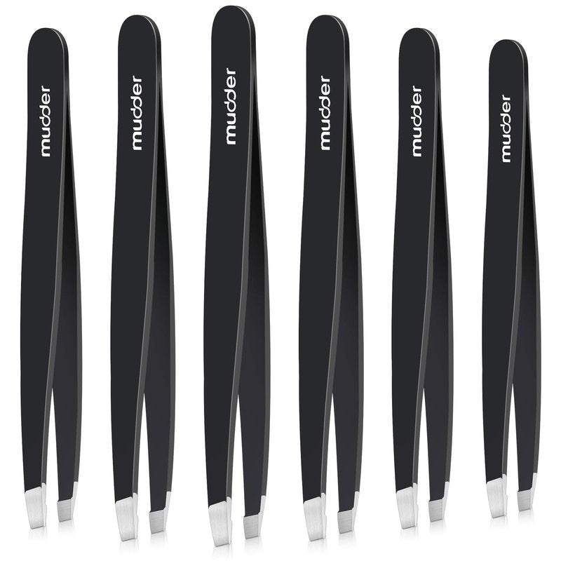 Mudder 6 Pcs Eyebrow Tweezers Set for Facial Hair Stainless Steel Slanted Tip Tweezers in Bulk for Men and Women (Black)