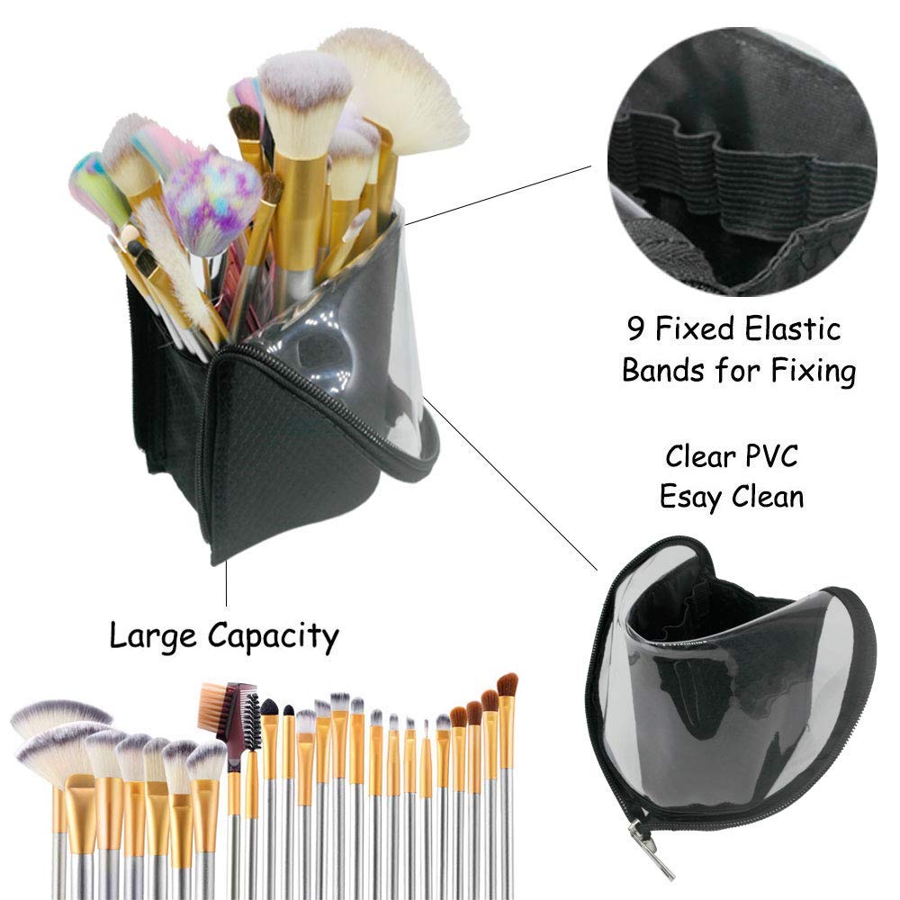 ANEMEL Black Travel Makeup Brush Holder 2-Pack, Organizer Bag Clear Plastic Cosmetic Zipper Pouch Portable Waterproof Dust-Free Stand-Up Small Toiletry Stationery Bag with Divider