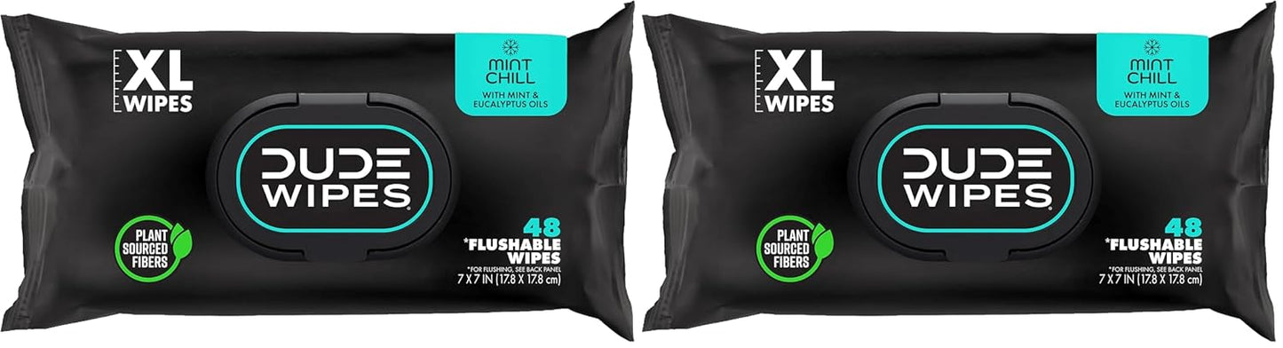 Dude Wipes Unscented Flushable Wipes - Extra-Large Adult Wet Wipes for Sensitive Skin | 6 Pack (288 Count) with Vitamin E and Aloe