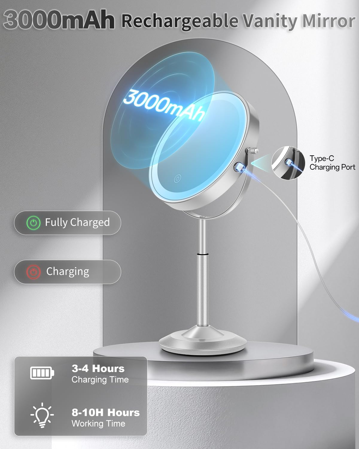 30X/1X Lighted Makeup Mirror - Adjustable Height Vanity Mirror with 3 Lighting Modes & Rechargeable 3000mAh Battery | Perfect Gift for Women