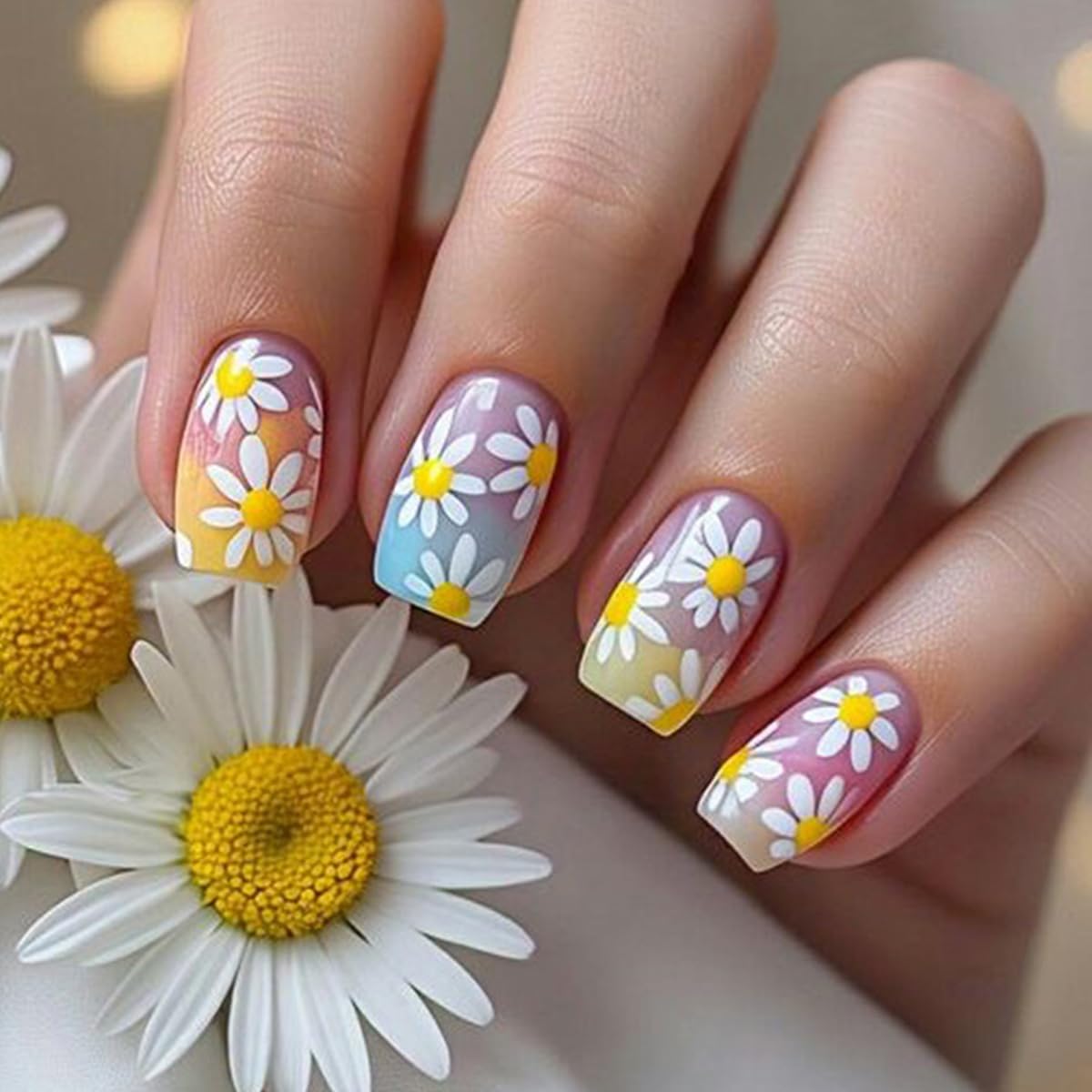 Summer Ombre Press-On Nails | Short Square Acrylic Nail Tips in Rainbow Colors - 24 Pcs Reusable Full Cover Set
