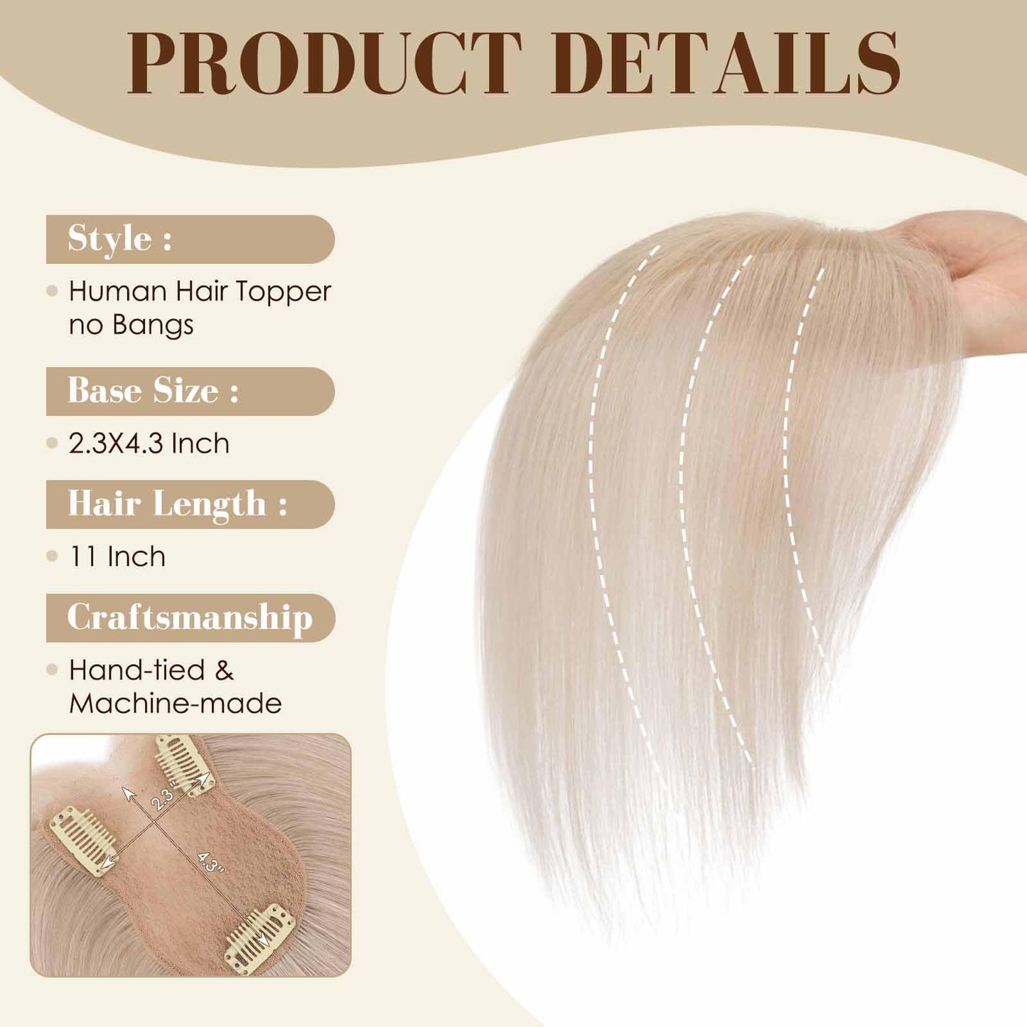 S-noilite Hair Toppers for Women Real Human Hair, Breathable Handmade Base Human Hair Topper no Bangs 360°3D Cover Clip in Middle Part Bangs Grey 12inch