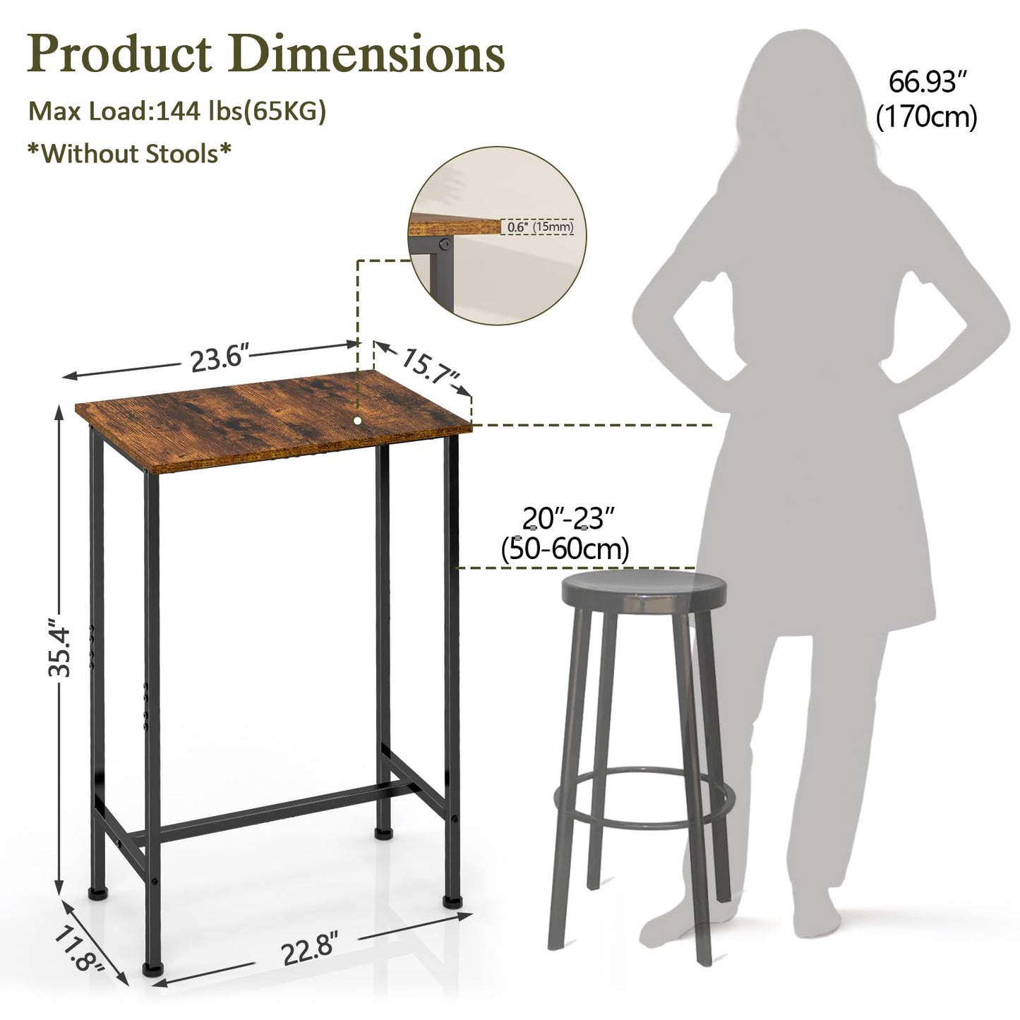 DAOUTIME Bar Height Table, Compact Bar Table, Counter Height Kitchen Dining Table for Apartment Breakfast Nook Home Bar, Sturdy Metal Frame, Small Console Table for Narrow Spaces