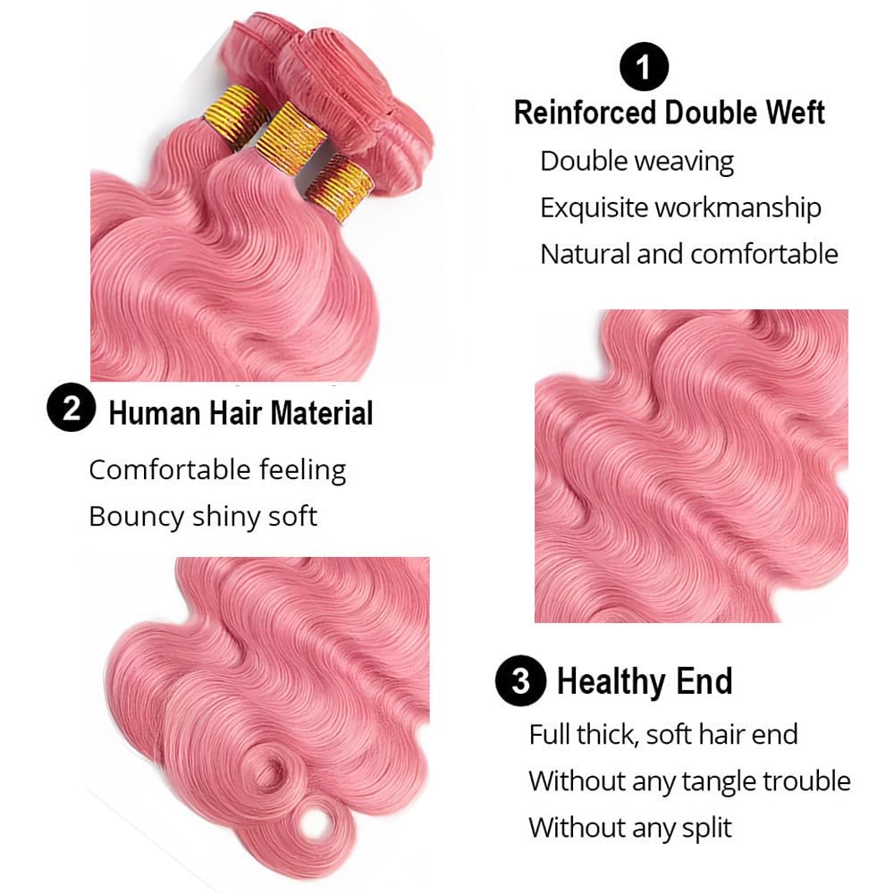 Pink Bundles Human Hair Body Wave Bundles 30 32 34 Inch Pink Body Wave Bundles Unprocessed Brazilian Virgin Hair 3 Bundle 50 Gram Per Bundle Deals Quick Weave Hair Extensions