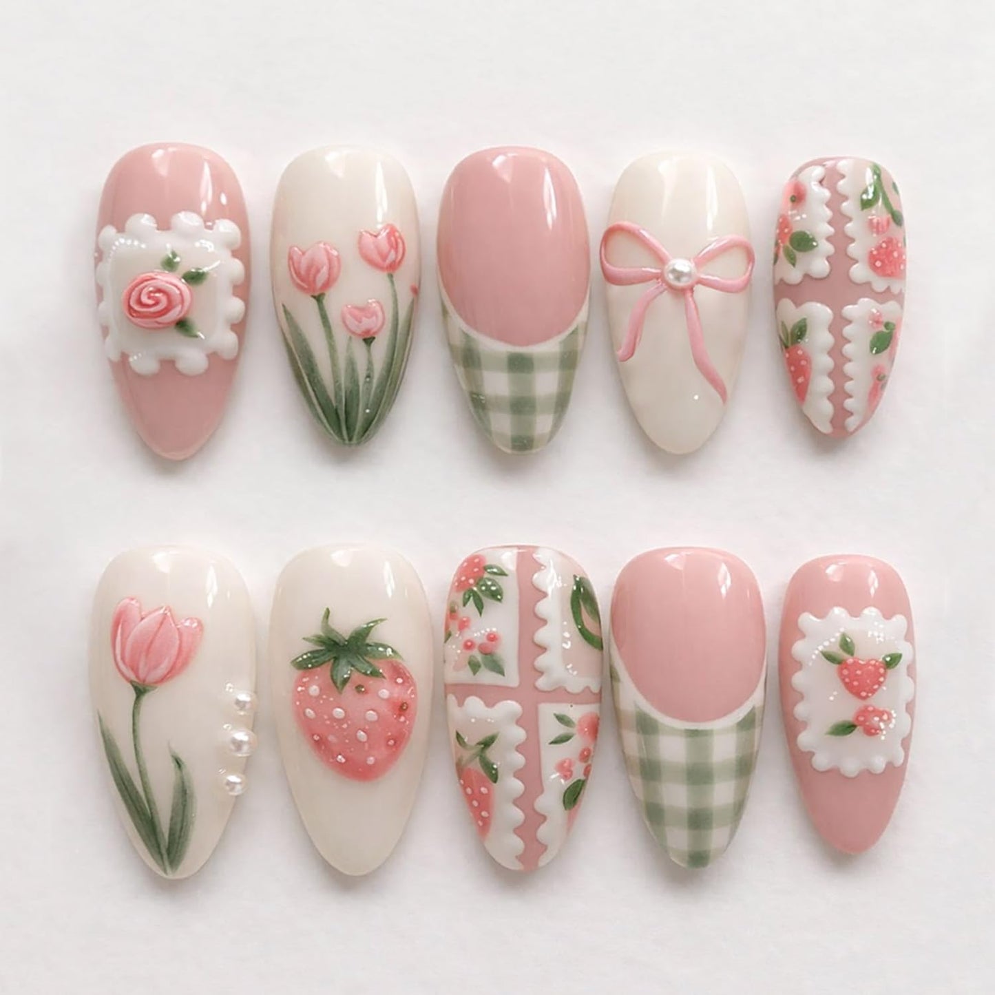 Summer Beach Press-On Nails Set - 24Pcs Medium Almond Floral Design with 3D Starfish & Seashell | Full Cover Ocean Manicure for Women