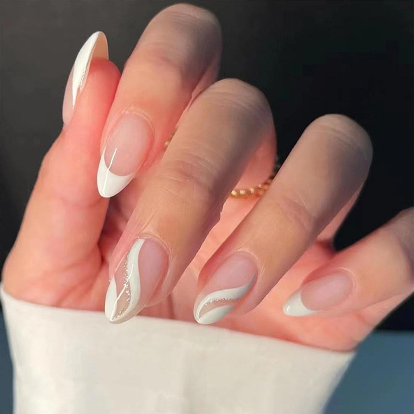 Press On Nails - Orange Almond Shape with Gold Glitter Swirl | 24 Pcs Acrylic Fake Nails for Women