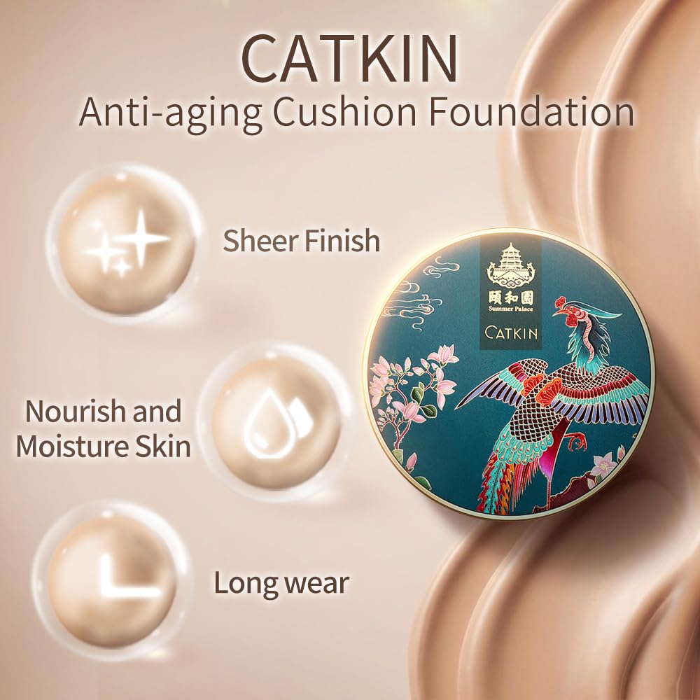 Catkin Phoenix Cushion Foundation - Buildable Anti-Aging Serum Makeup | Light Beige 0.46 Oz x 2