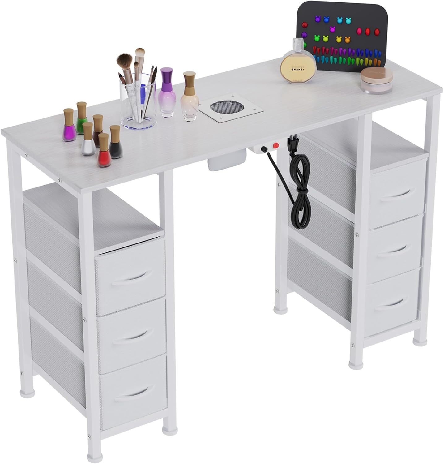 Manicure Table - Nail Tech Desk with Electric Dust Collector & 6 Storage Drawers | White Beauty Workstation