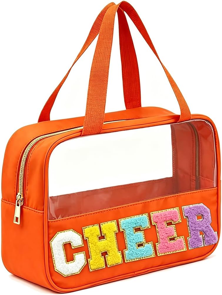 Cheer Makeup Bag - Chenille Letter Patch Clear Cosmetic Organizer | Waterproof Nylon Toiletry Bag for Cheerleaders