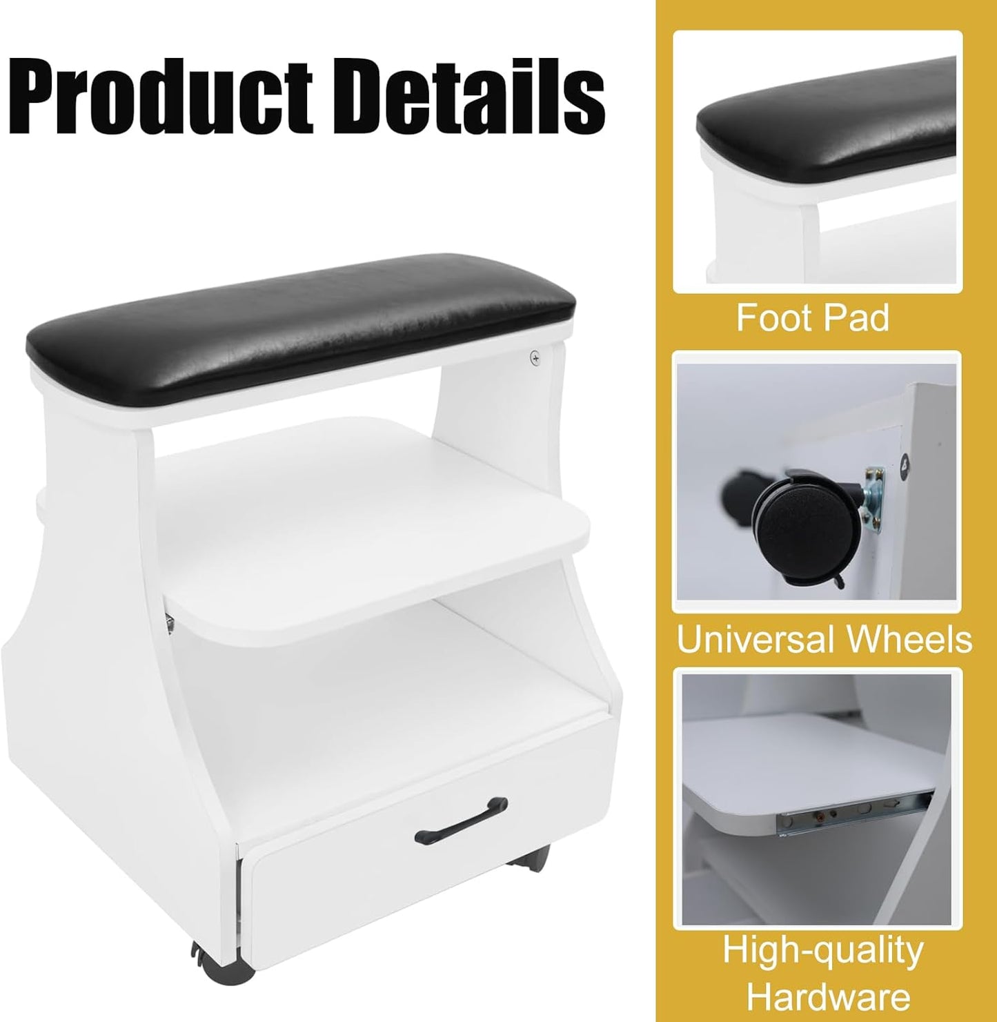 Portable Pedicure Foot Rest - Rolling Spa Trolley for Nail Tech | Black Manicure Stool with Wheels