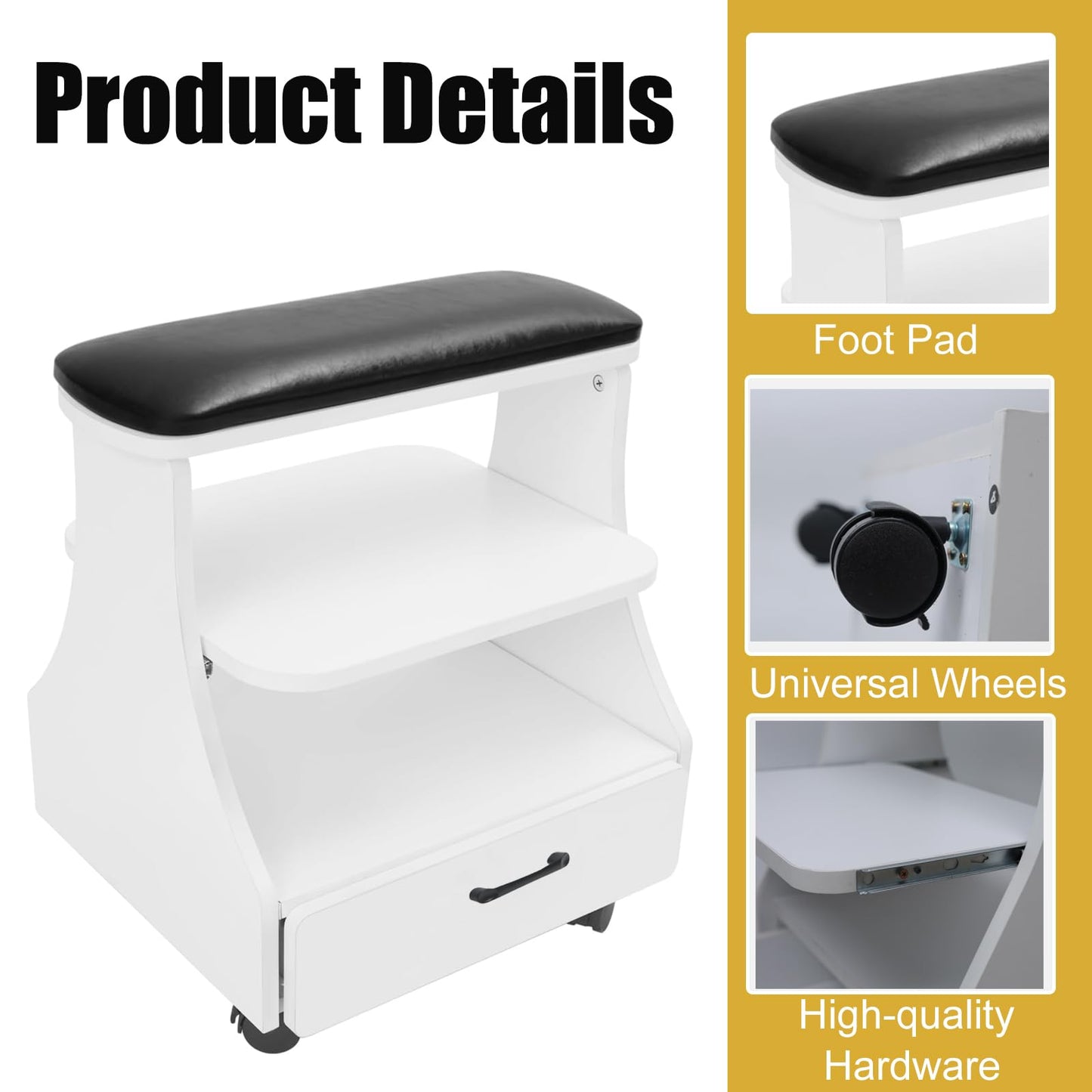 Rindaix Portable Pedicure Foot Rest with Wheels, Pedicure Stool, Trolley for Foot Bath, Spa Cart, Nail Stand, Manicure Furniture for Beauty Salon or Nail Tech Spa, Massage Station (Black)