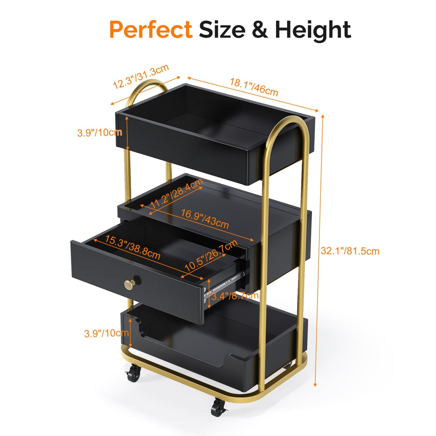 OmySalon Salon Trolley Cart, Hair Styling Station with 3 Trays & 1 Drawer, 2 Lockable Wheels, Esthetician Cart Mobile Storage Cabinet for Beauty Spa Barbershop, Black