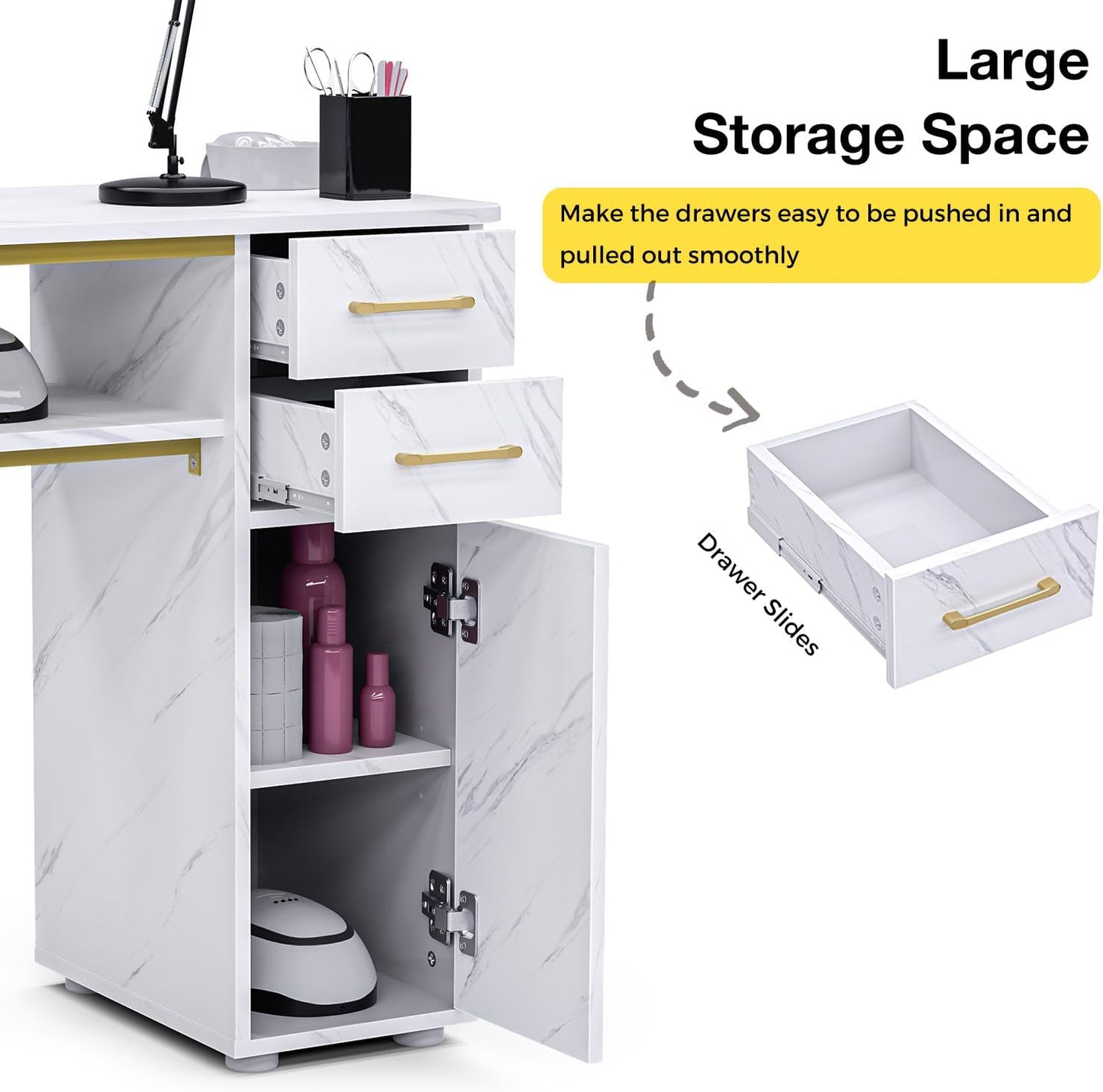 Manicure Table - Professional Nail Desk with Dust Collector & Stool | Modern White Design with Storage Cabinet & Drawers