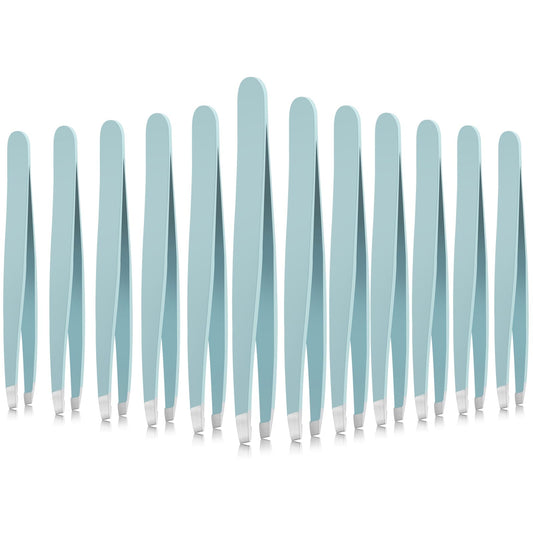 Mudder 12 Pcs Eyebrow Tweezers Set for Facial Hair Stainless Steel Slanted Tip Tweezers in Bulk for Men and Women (Light Blue)