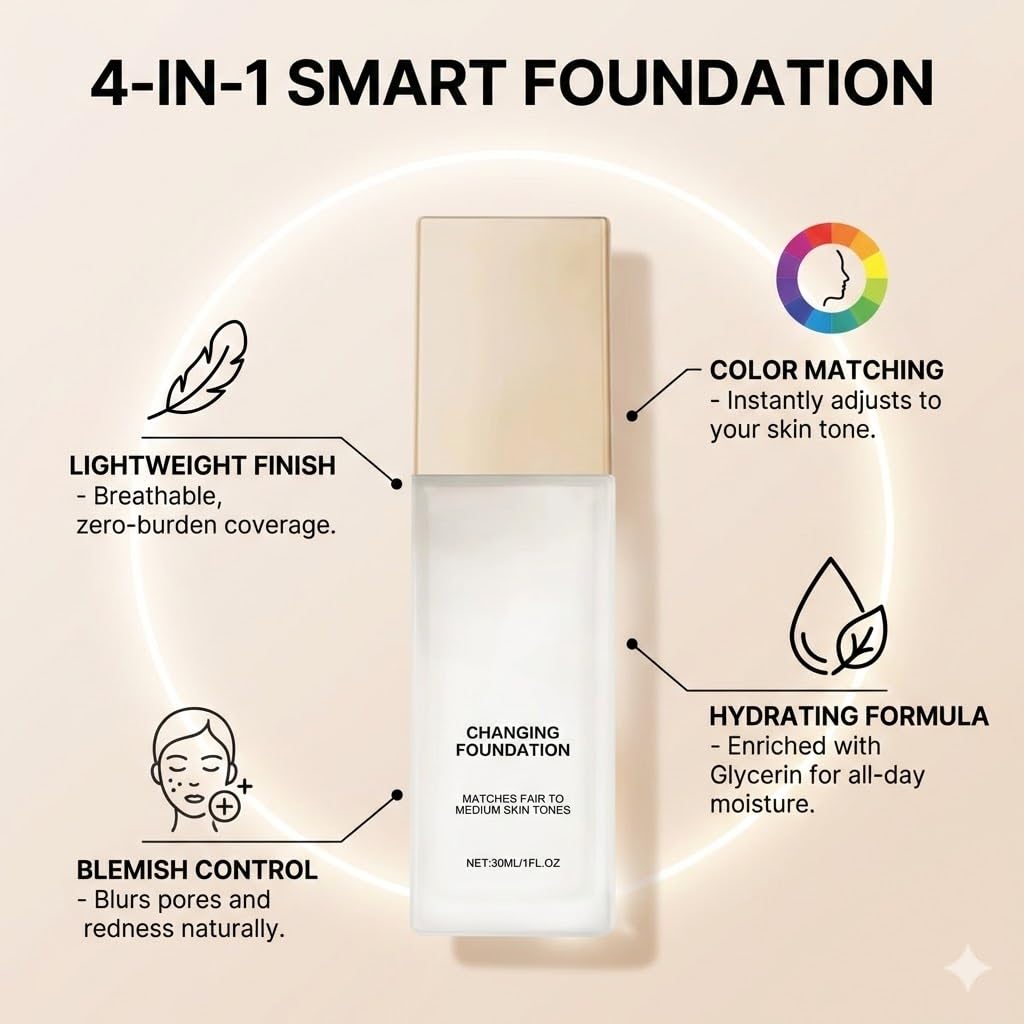 Hydrating Color Changing Foundation for Mature Skin, Lightweight Liquid Makeup with Self-Adjusting Shade for Fair to Medium Tones, Flawless Everyday Finish (1pcs)
