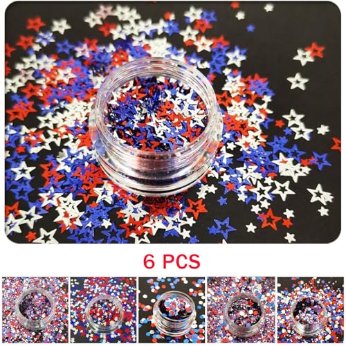 YUEJIMEIGUI 6 Boxes Patriotic 4th of July Star Glitter Nail Sequins Red White Blue for Nail Art & DIY Crafts