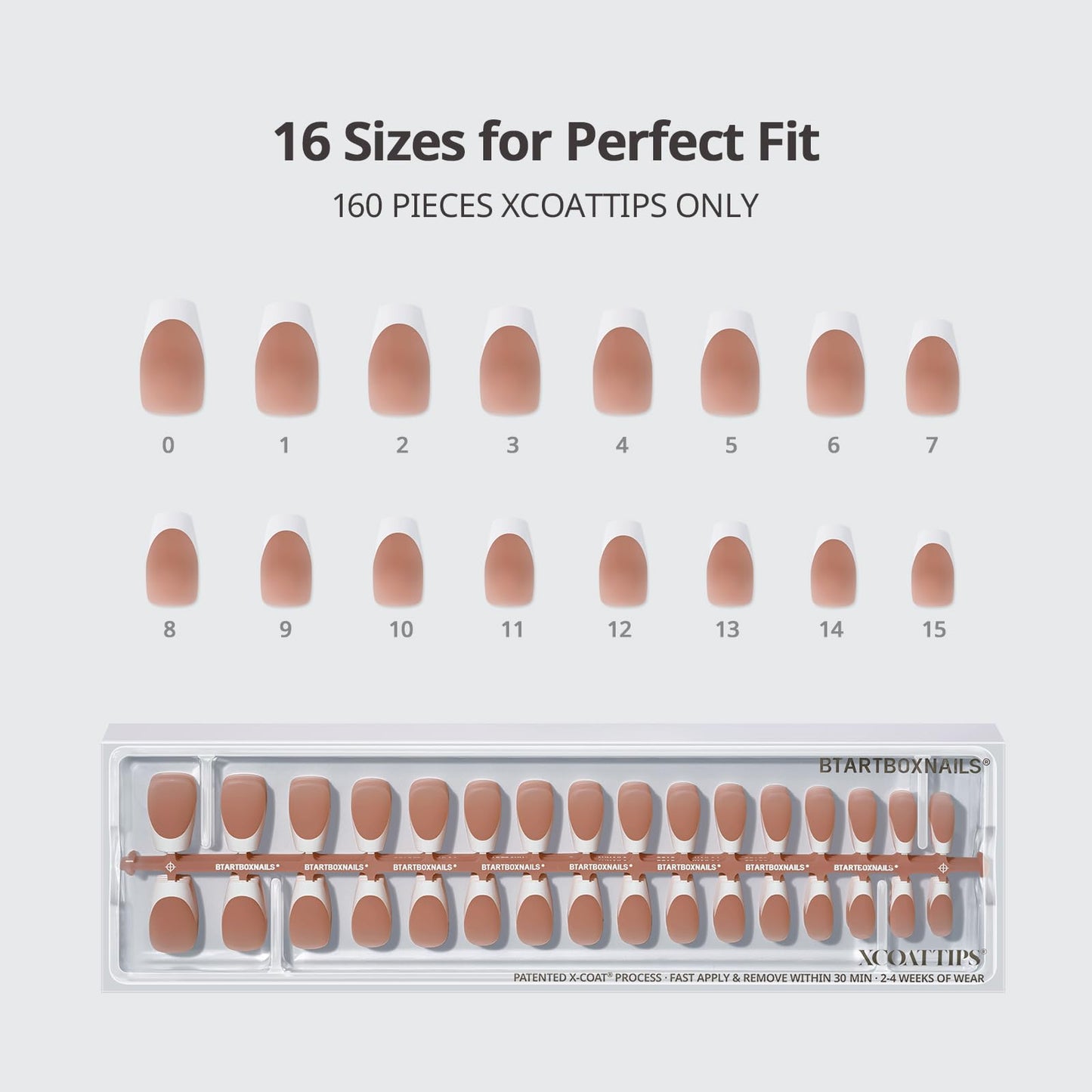 BTArtboxnails XCOATTIPS White French Tip Press On Nails, S Coffin, Brown