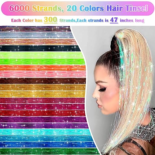 6000 Strands Hair Tinsel Kit - 20 Colors Glitter Extensions