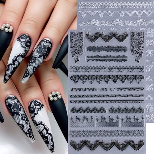 5D Embossed Lace Flower Nail Art Stickers - 6 Sheets, Black & White