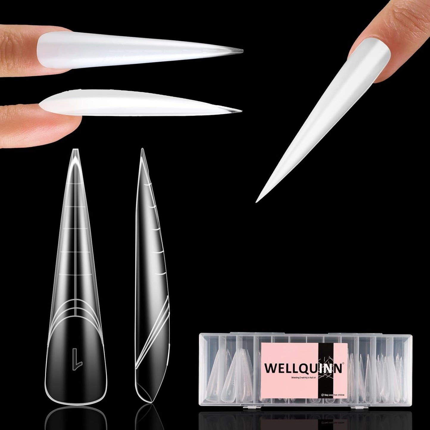 Long Curved Stiletto Nail Tips - 300 Pcs XXL Dragon Claw Full Cover Acrylic Nails | 15 Sizes for Nail Art Design