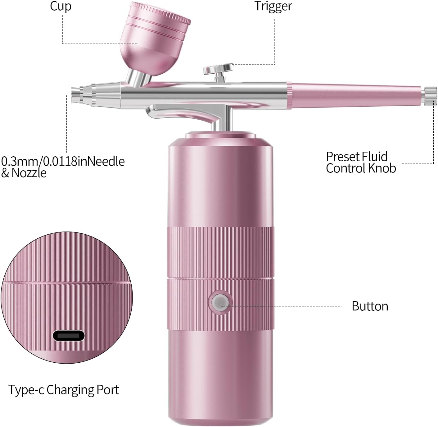 Airbrush Kit - Portable Compressor Set with 0.3mm Nozzle | Cordless Rechargeable for Makeup, Nail Art, Painting (Pink)