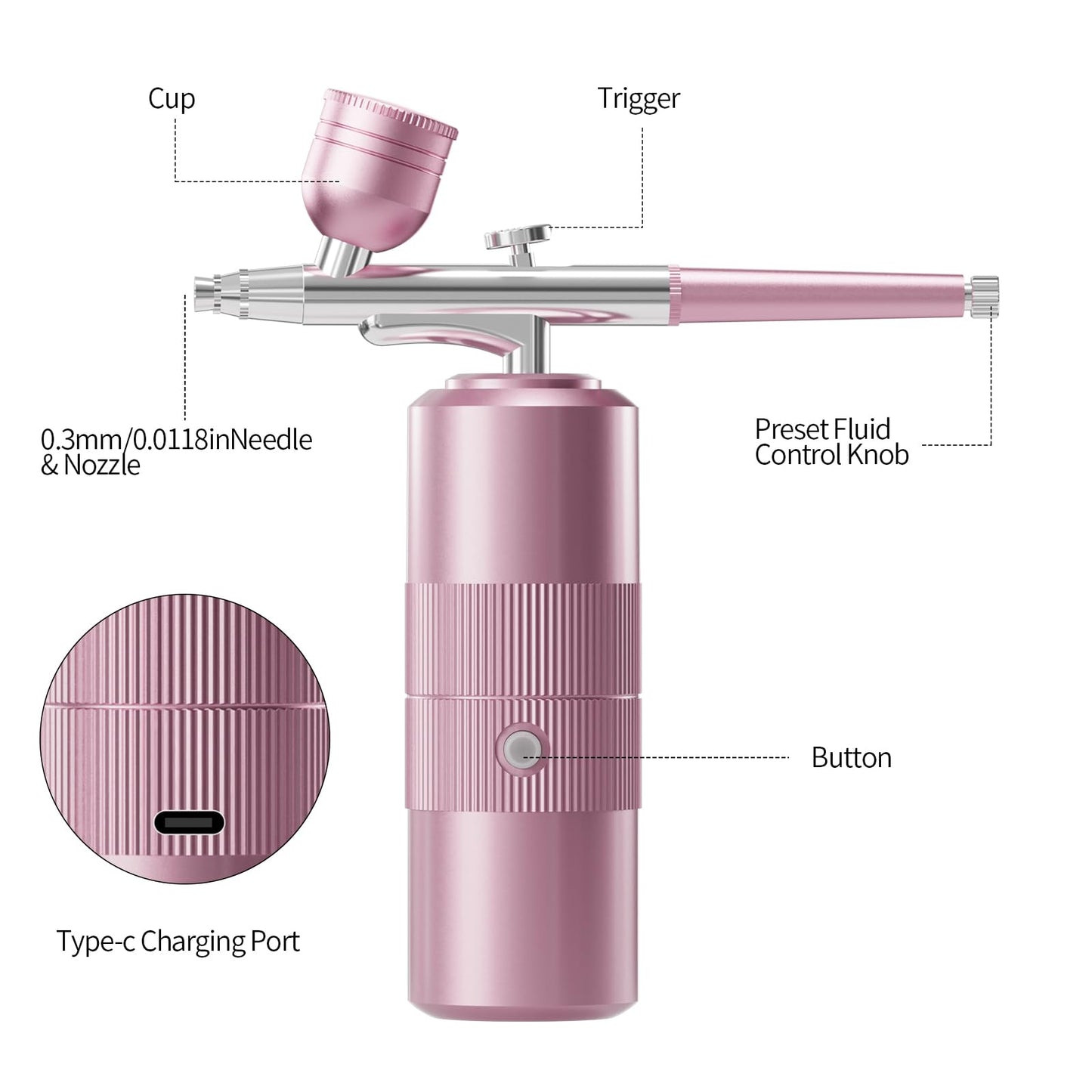 Airbrush Kit with Compressor Portable Airbrush Kit 48PSI High-Pressure Non-Clogging Air Brush Set Cordless Rechargeable with 0.3mm Nozzle and Cleaning Brush for Painting,Nail Art, Makeup (pink)