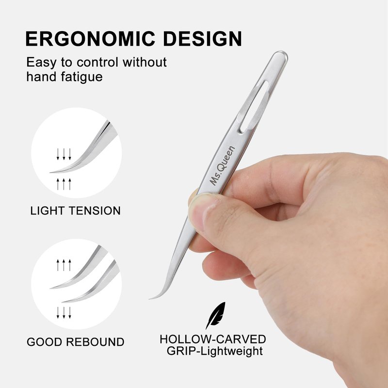 Ms.Queen Tweezers for Eyelash Extensions,Precision Curved Lash Tweezers for Volume, Isolation and Classic Lashes Extensions Applying