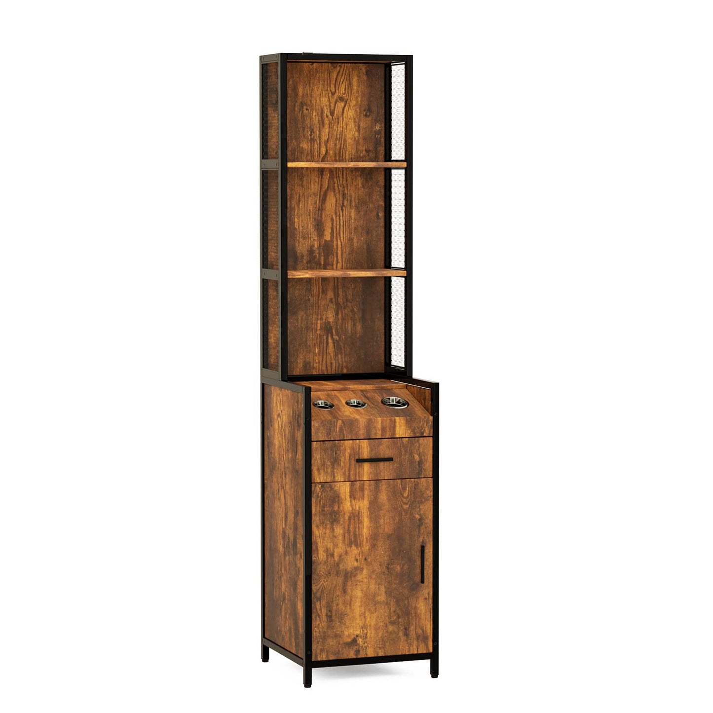 OmySalon Salon Station, Barber Stations with 3-Tier Storage Shelf, Hair Styling Cabinet with 1 Drawer, 1 Storage Cabinet, 3 Hot Tool Holders, Beauty Spa Equipment, Rustic Brown