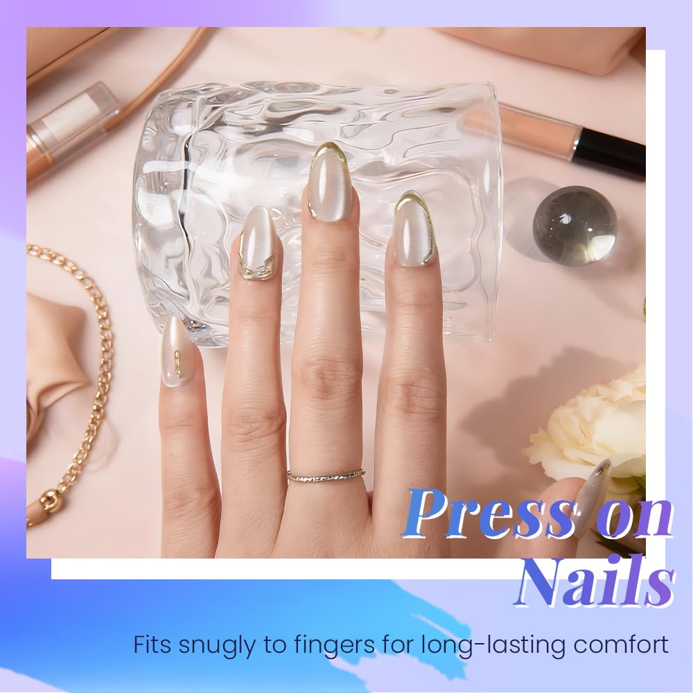 Nude Cat Eye Press-On Nails - Short Almond Shape with Gold French Tips | Reusable Soft Gel Set for Women
