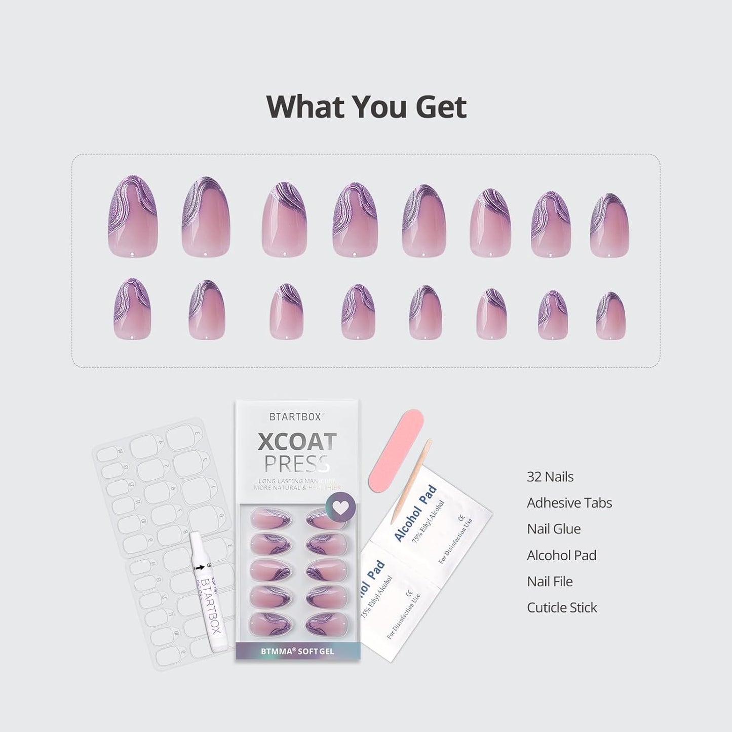 French Tip Press On Nails - Chrome Short Almond Design | Semi-Transparent Soft Gel, 16 Sizes, 32 Piece Kit