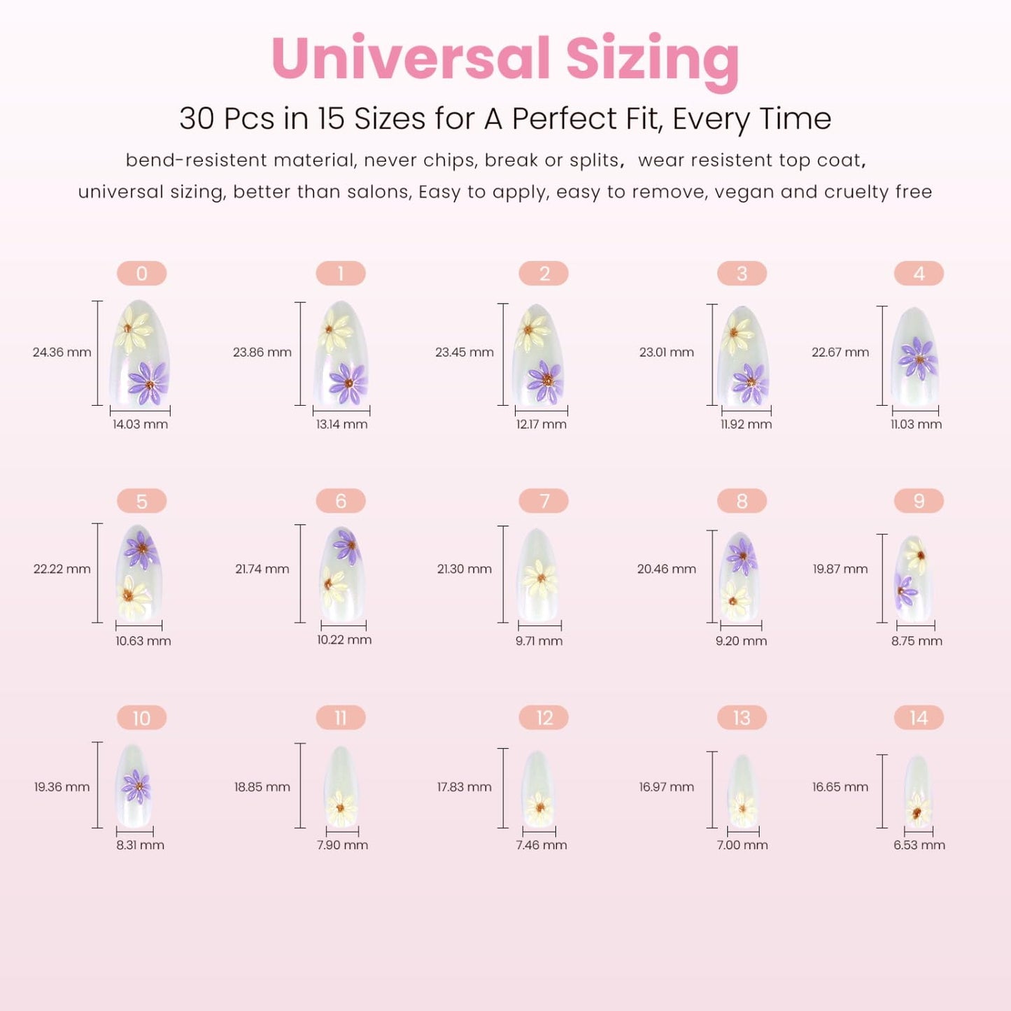 Nail Reformation Press On Nails, Silver Thistle | 3D Floral Medium Almond Fake Nails in Lavender & Gold Shimmer in Glossy Finish, Reusable Stick On Nails in 15 Sizes - 30 Nail Kit for Women Gifts